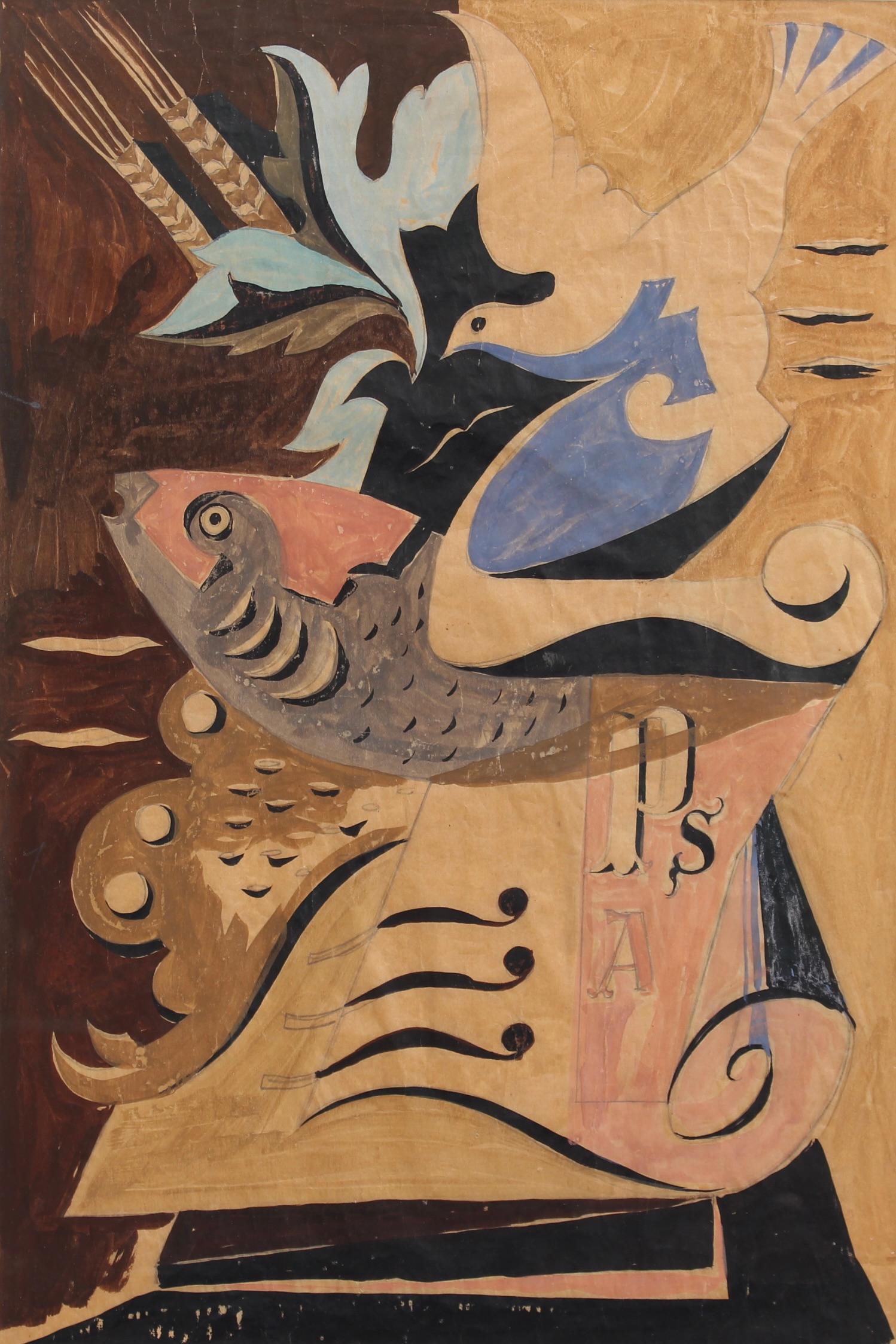 'Fish, Dove and Musical Instrument', Italian School (circa 1940s) - Painting by Unknown