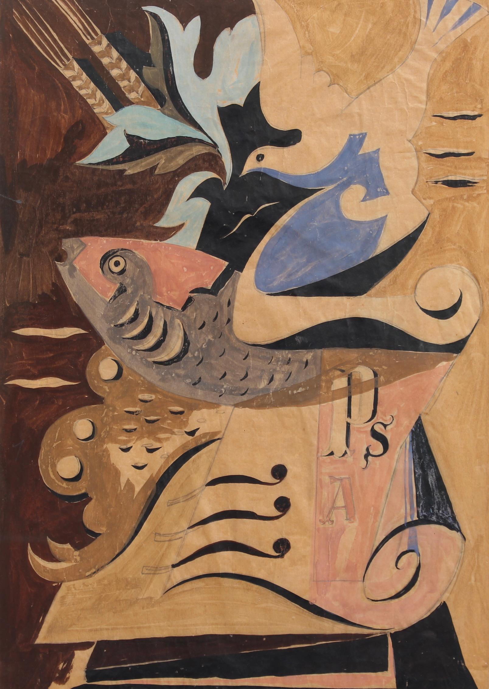 'Fish, Dove and Musical Instrument', Italian School (circa 1940s) - Modern Painting by Unknown