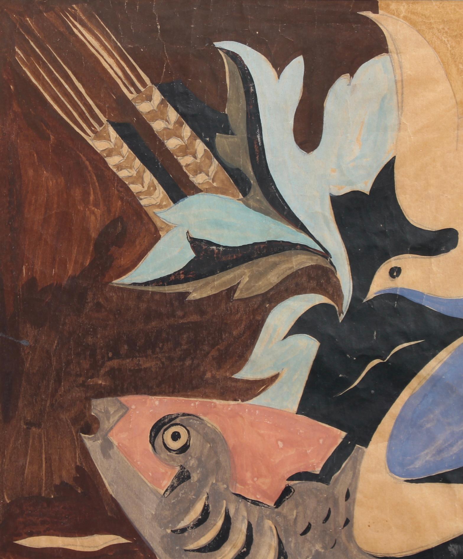 'Fish, Dove and Musical Instrument', Italian School (circa 1940s) - Gray Abstract Painting by Unknown