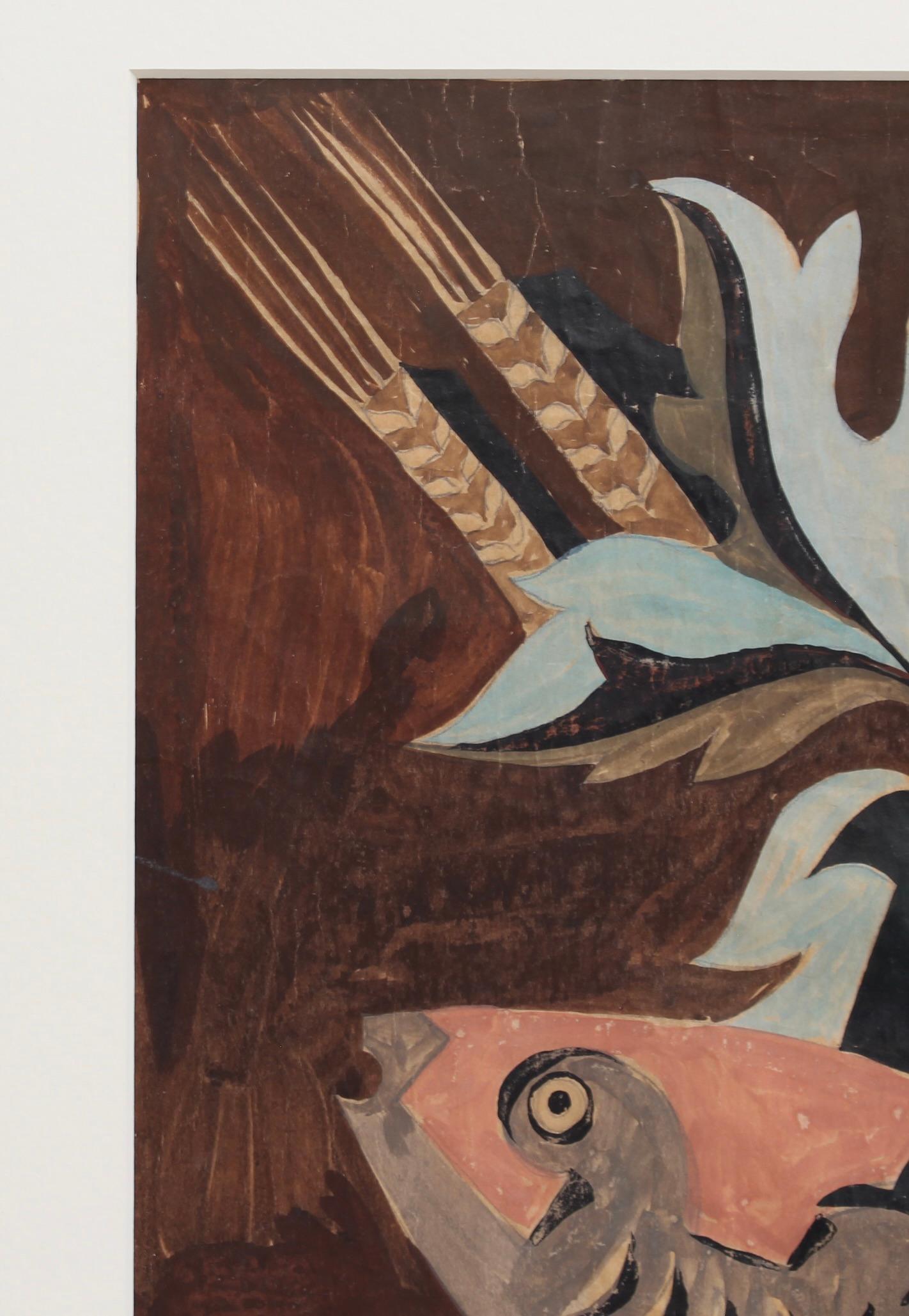 'Fish, Dove and Musical Instrument', gouache on paper, from the Italian School of artists (circa 1940s). Surely this very attractive piece was inspired by Georges Braque (1882-1963) and Juan Gris' (1887-1927) cubist style, not to forget the clear