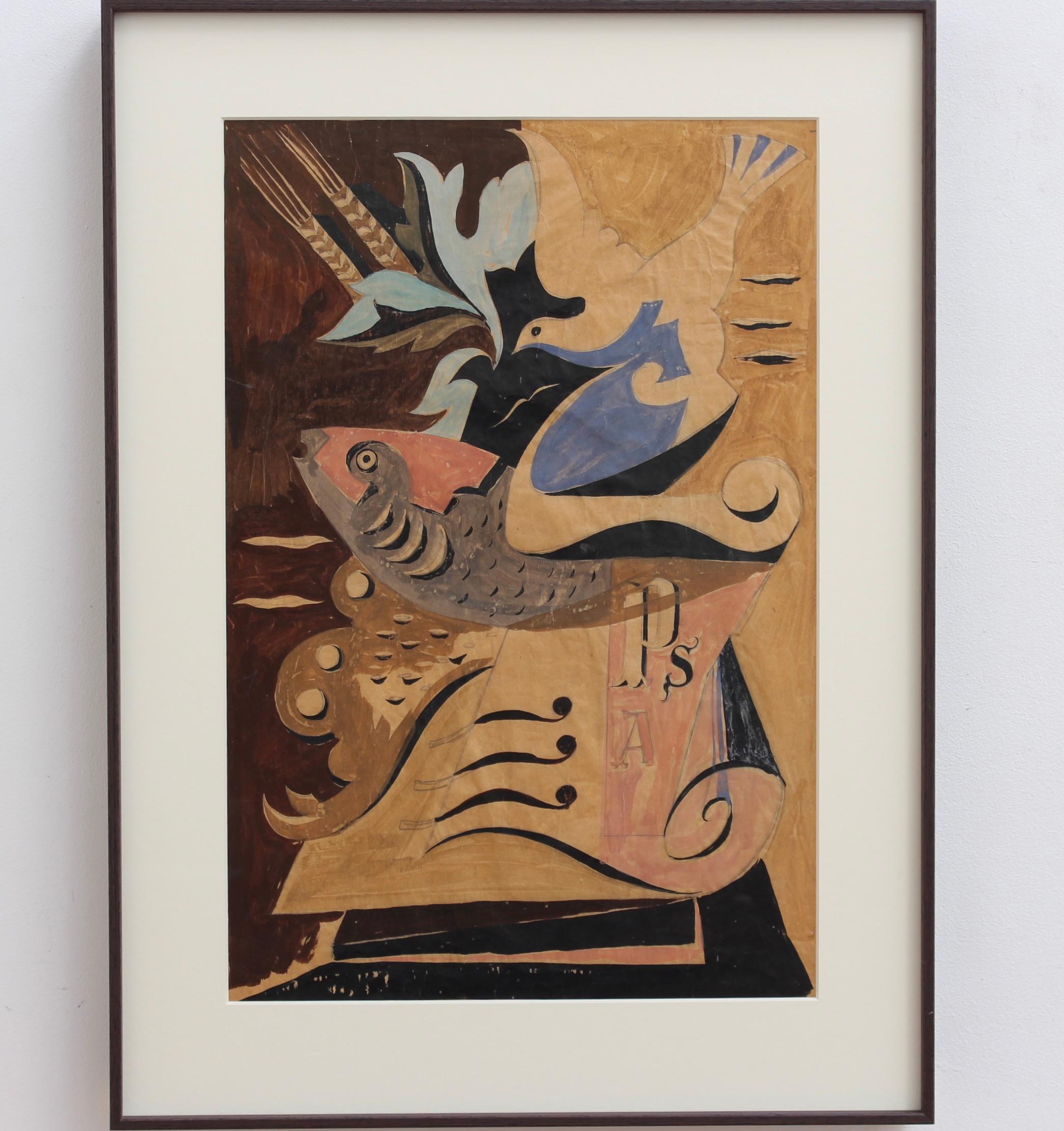 Unknown Abstract Painting - 'Fish, Dove and Musical Instrument', Italian School (circa 1940s)