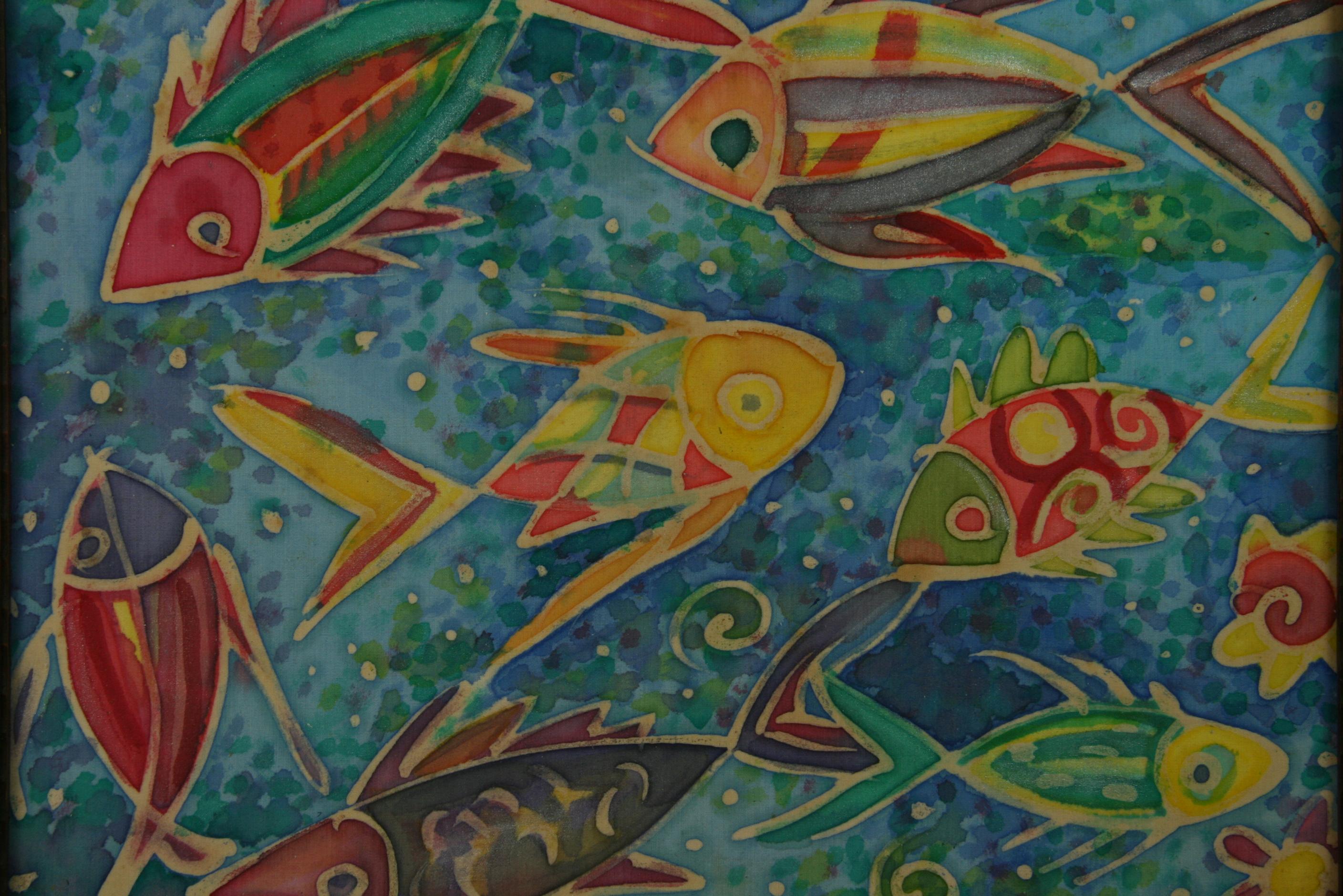 Modern Surreal Gouache Painting Fish In Deep Blue Sea 1950 2