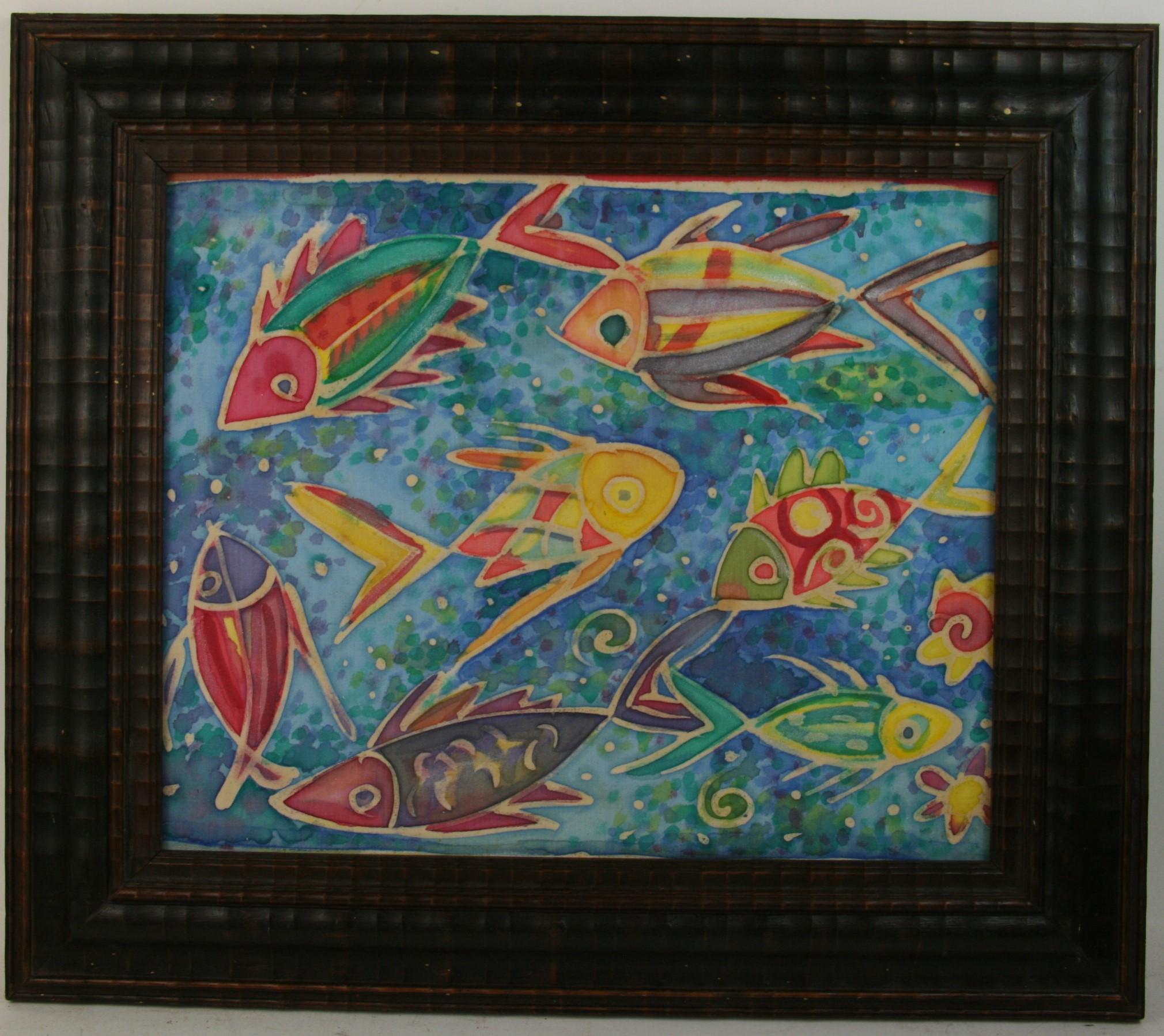 Unknown Animal Painting - Modern Surreal Gouache Painting Fish In Deep Blue Sea 1950