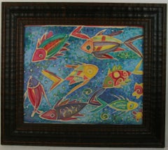 Modern Surreal Gouache Painting Fish In Deep Blue Sea 1950