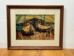 "Fishboats by the Hills" Colorful  Watercolor Landscape by Ryan