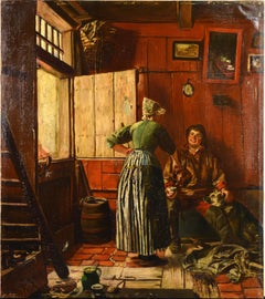 Fisherman Family House Interior Scene 19th century Signed Genre Oil Painting