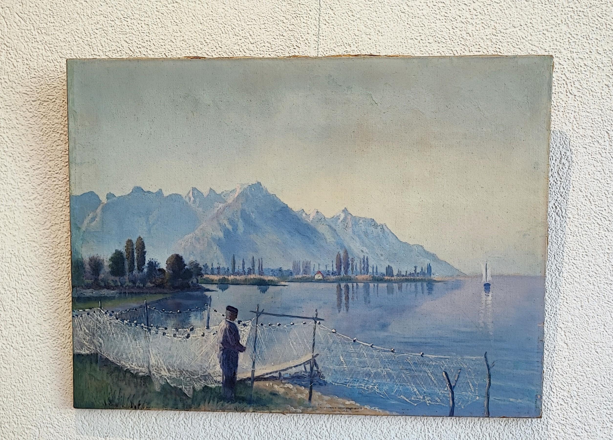 Fisherman on the banks of Lake Geneva, Villeneuve - Painting by Unknown