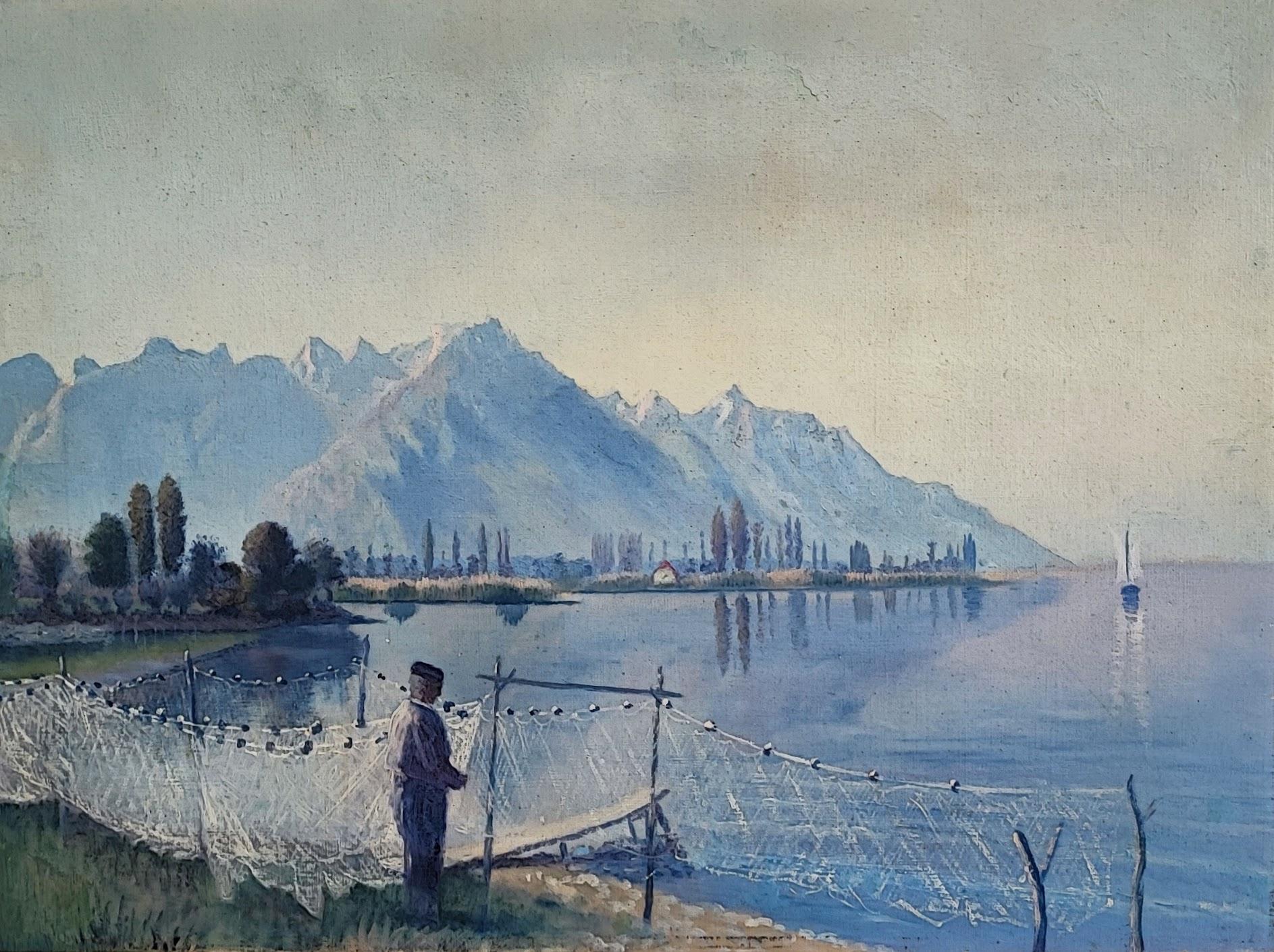 Unknown Landscape Painting - Fisherman on the banks of Lake Geneva, Villeneuve