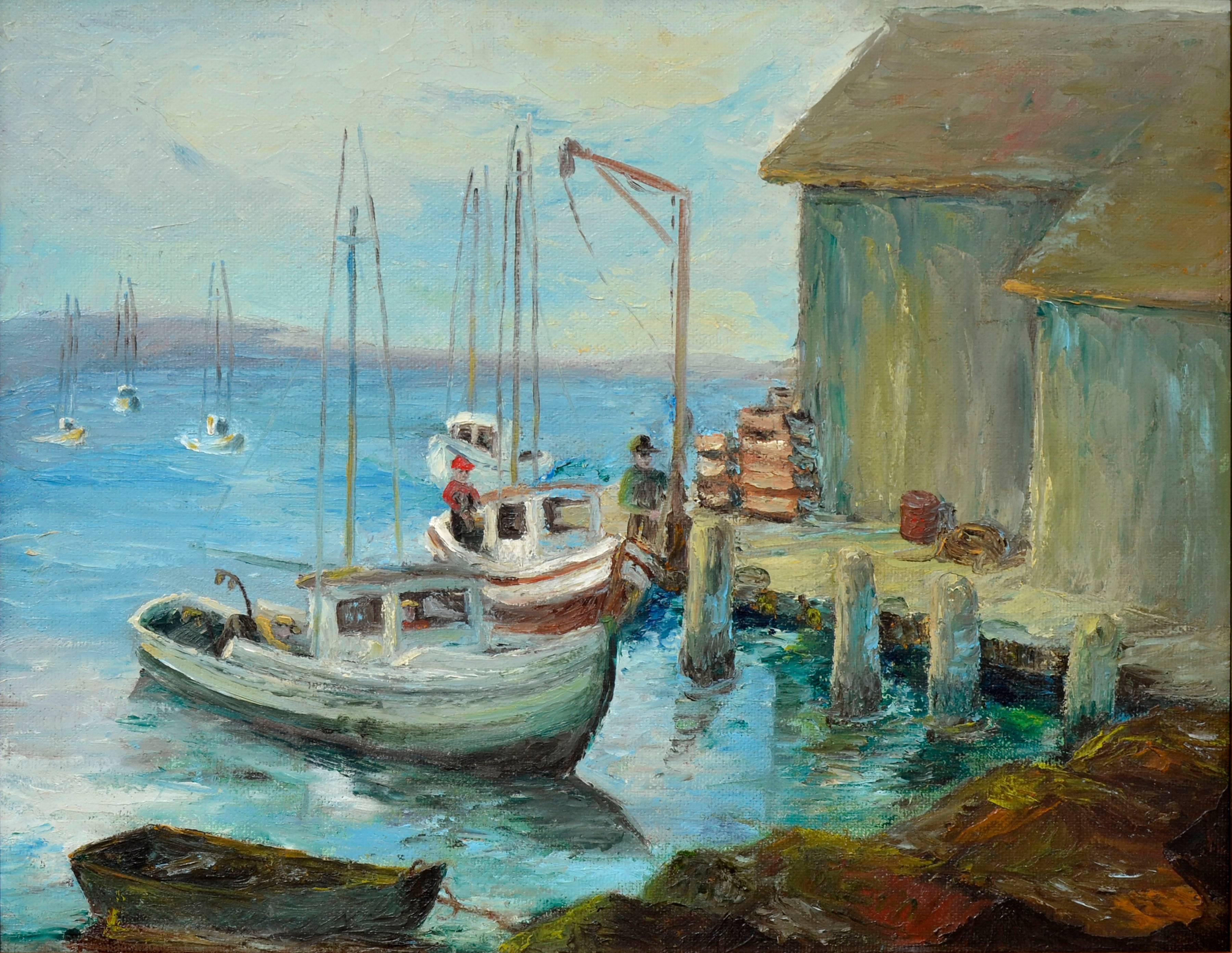 Fishermen at the Dock, Monterey – Figurative Landschaft von Fischern aus der Mitte des Jahrhunderts  – Painting von Unknown