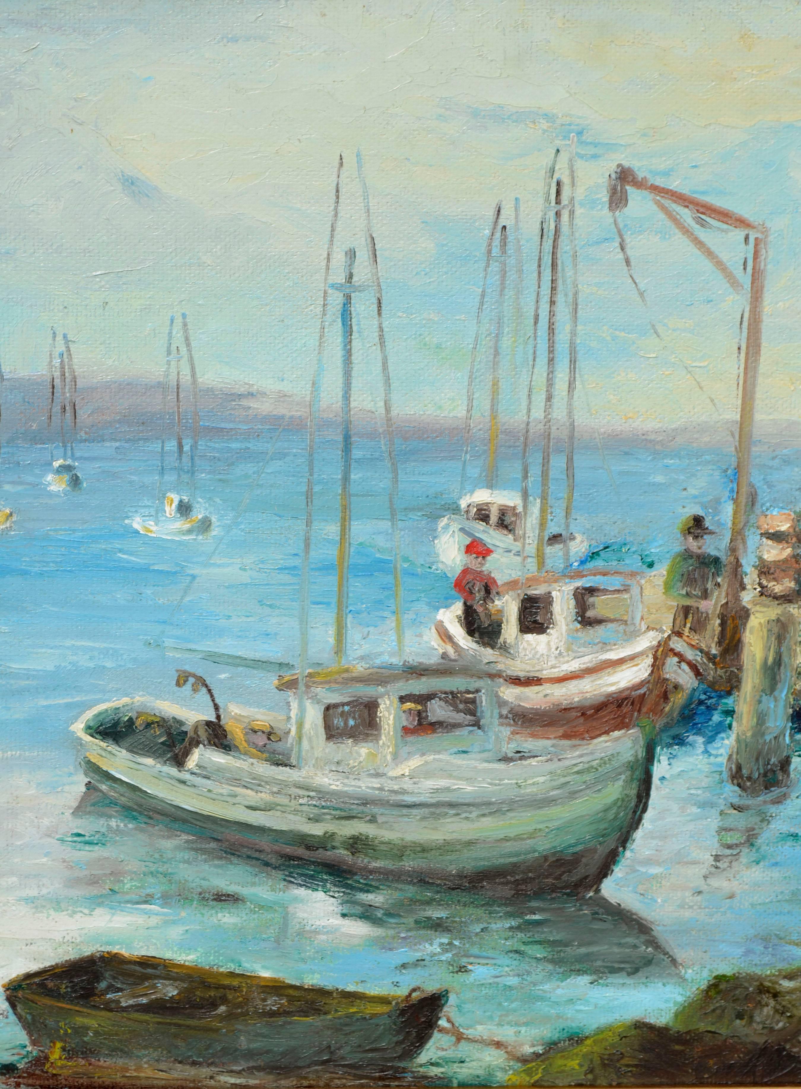 Fishermen at the Dock, Monterey – Figurative Landschaft von Fischern aus der Mitte des Jahrhunderts  (Amerikanischer Impressionismus), Painting, von Unknown