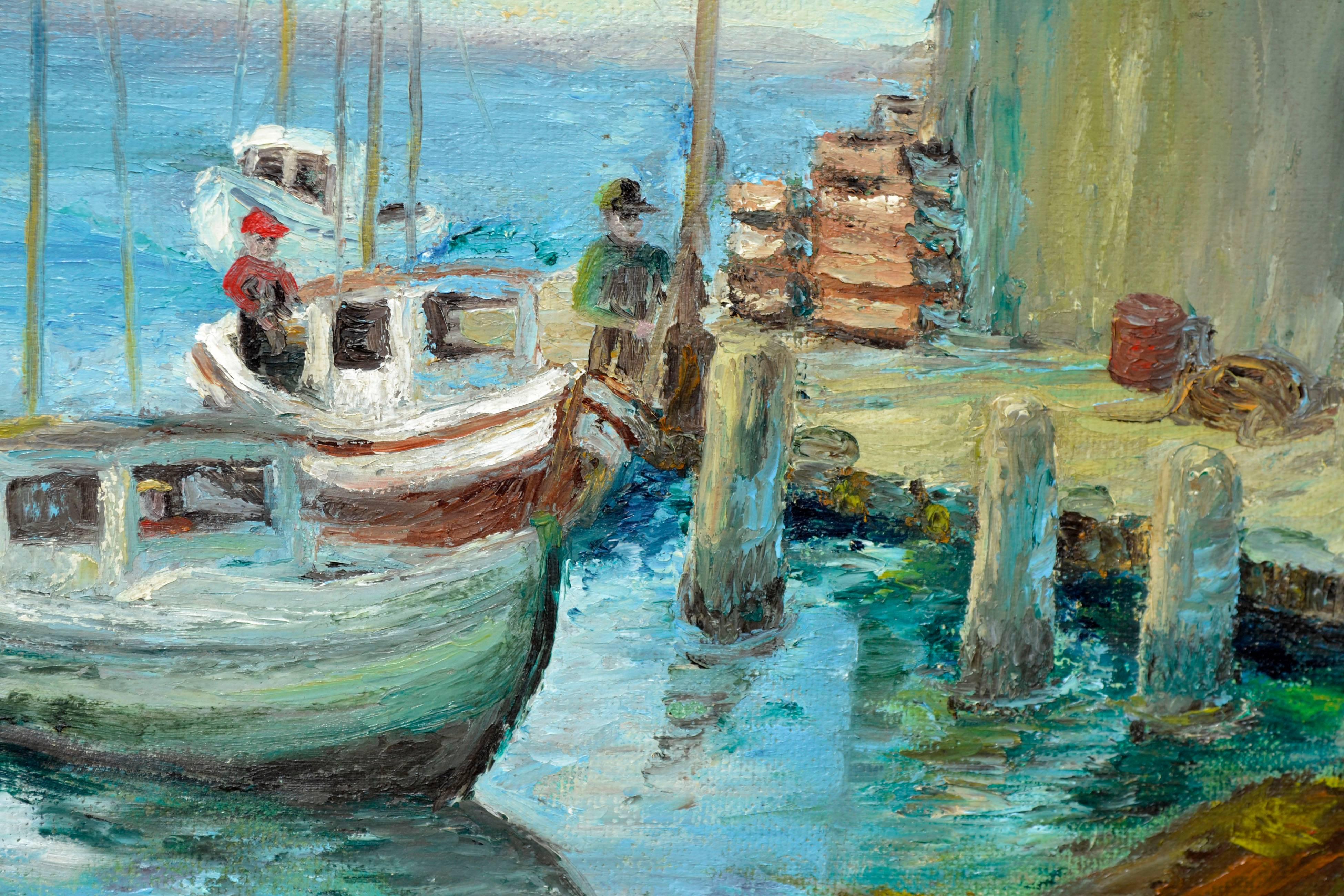 Fishermen at the Dock, Monterey – Figurative Landschaft von Fischern aus der Mitte des Jahrhunderts  (Braun), Figurative Painting, von Unknown