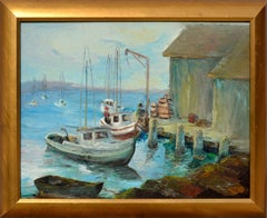 Fishermen at the Dock, Monterey - Mid Century Figurative Landscape 