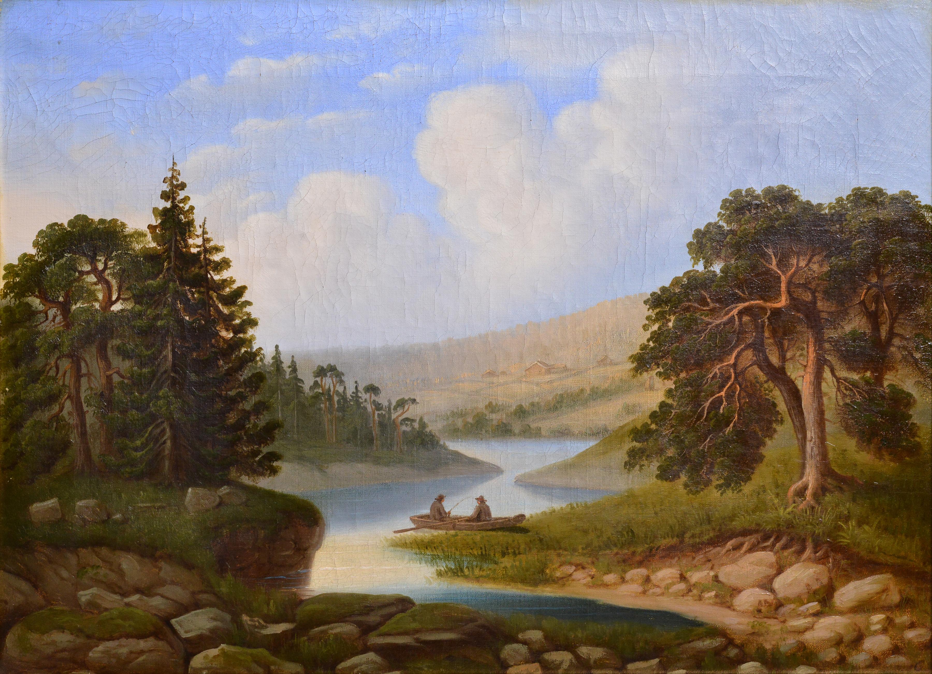 The scene of this landscape unfolds with a tranquil river nestled between rolling hills, its heavily wooded banks casting a serene backdrop. In the center of the composition, two fishermen are depicted in a boat, they relaxed and engaged in