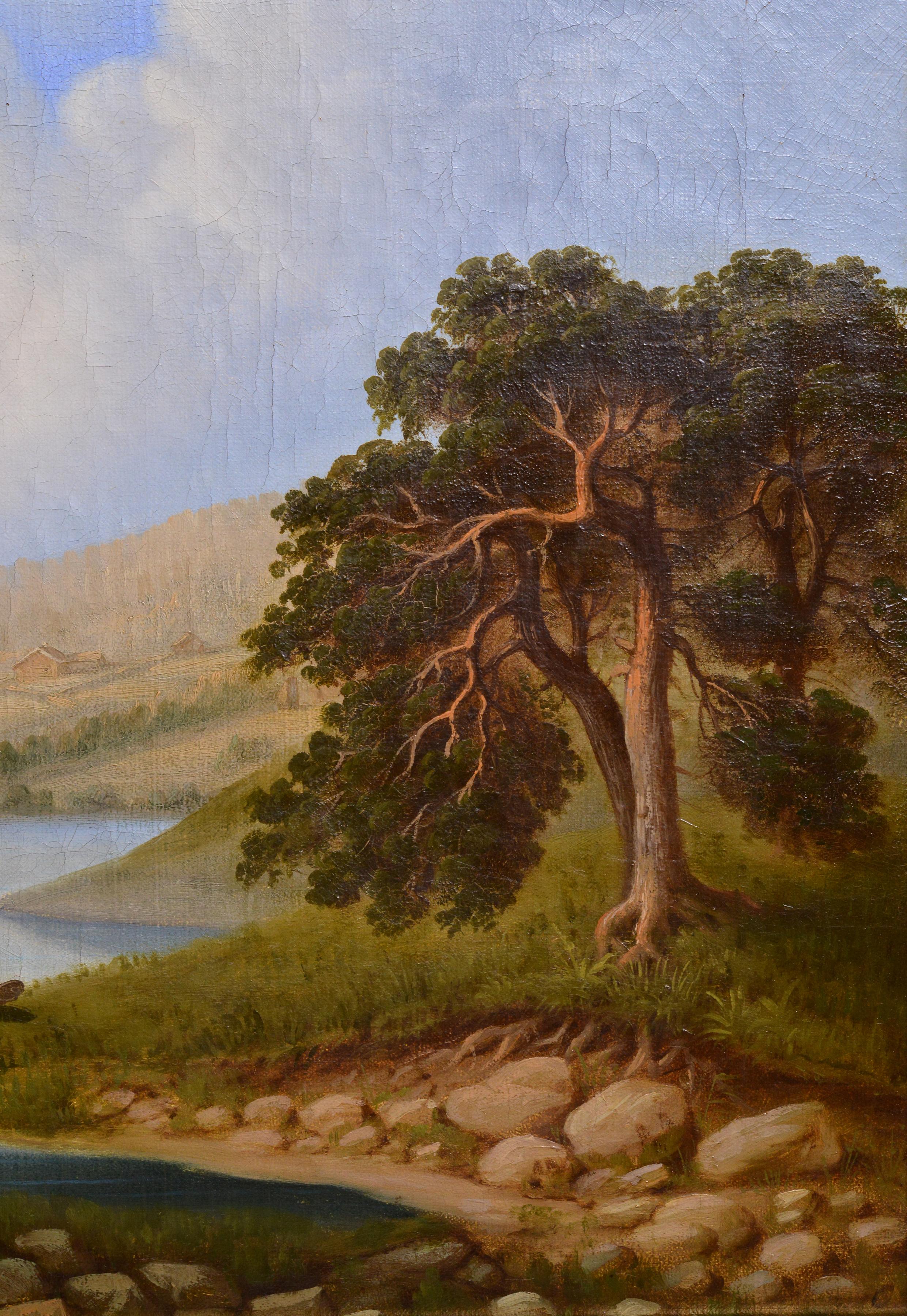 Fischer auf Fluss Idyllic Skandinavische Landschaft 19. Jahrhundert Ölgemälde (Realismus), Painting, von Unknown