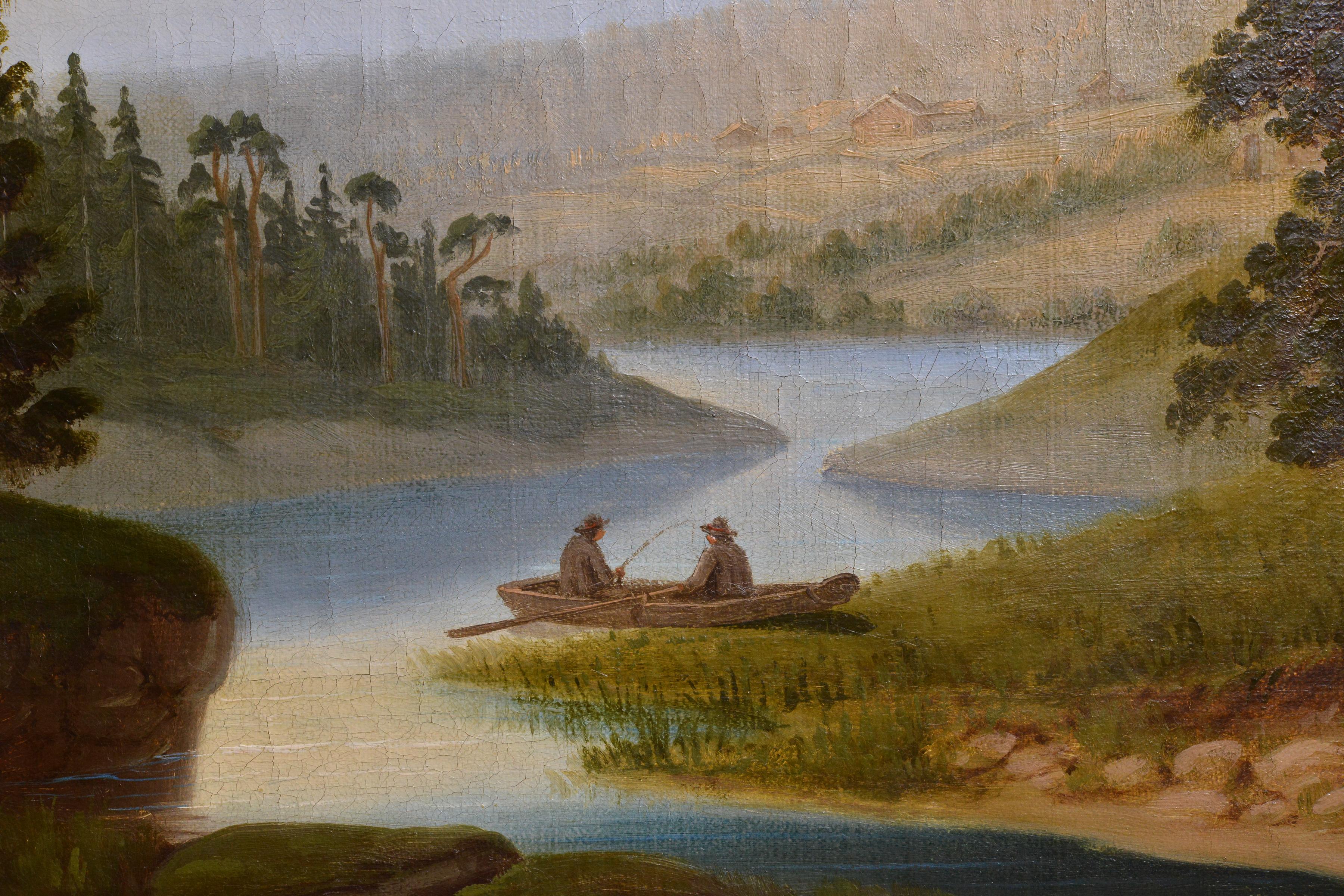 Fischer auf Fluss Idyllic Skandinavische Landschaft 19. Jahrhundert Ölgemälde (Braun), Landscape Painting, von Unknown