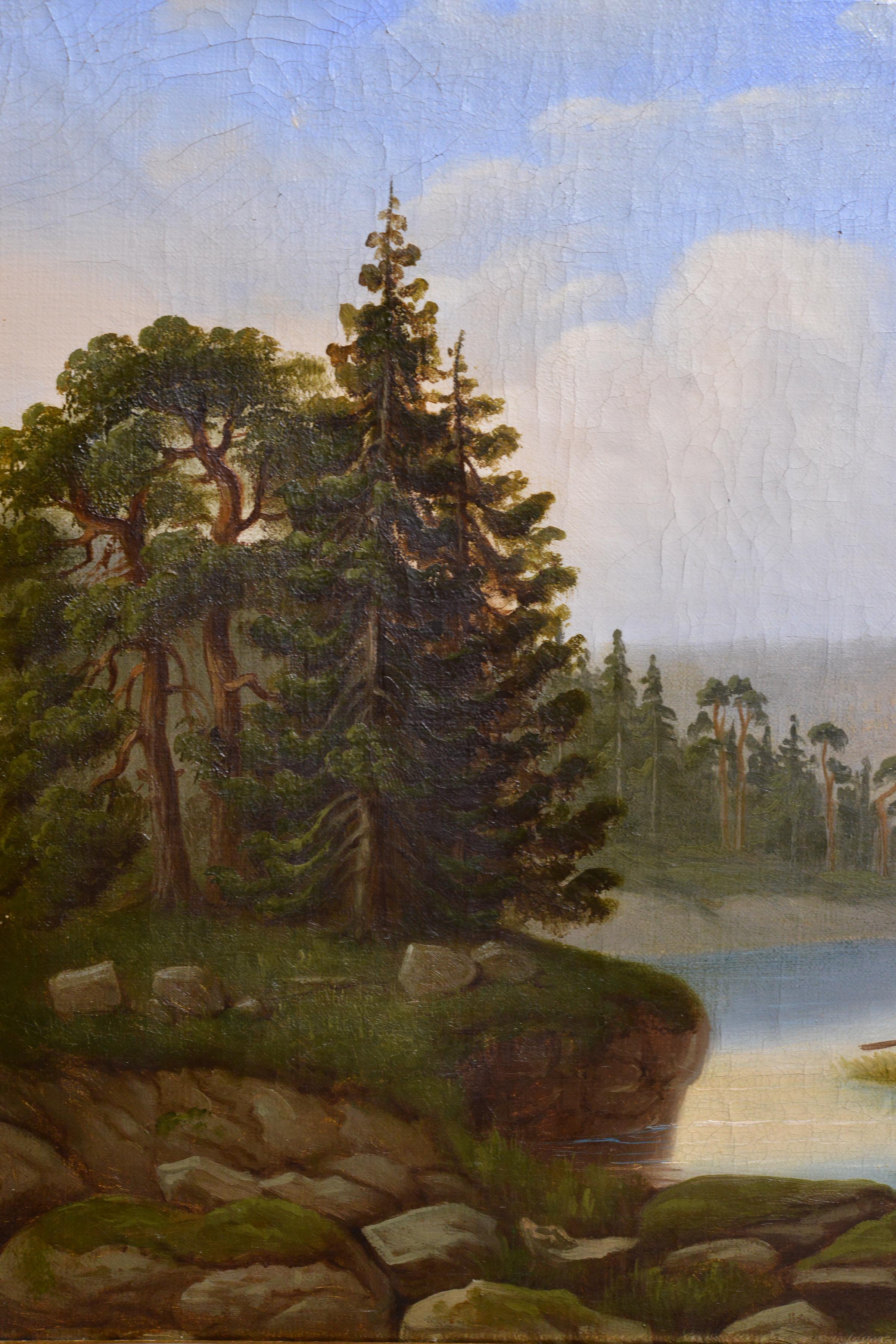 Fishermen on River Idyllic Scandinavian Landscape 19th century Oil Painting For Sale 3