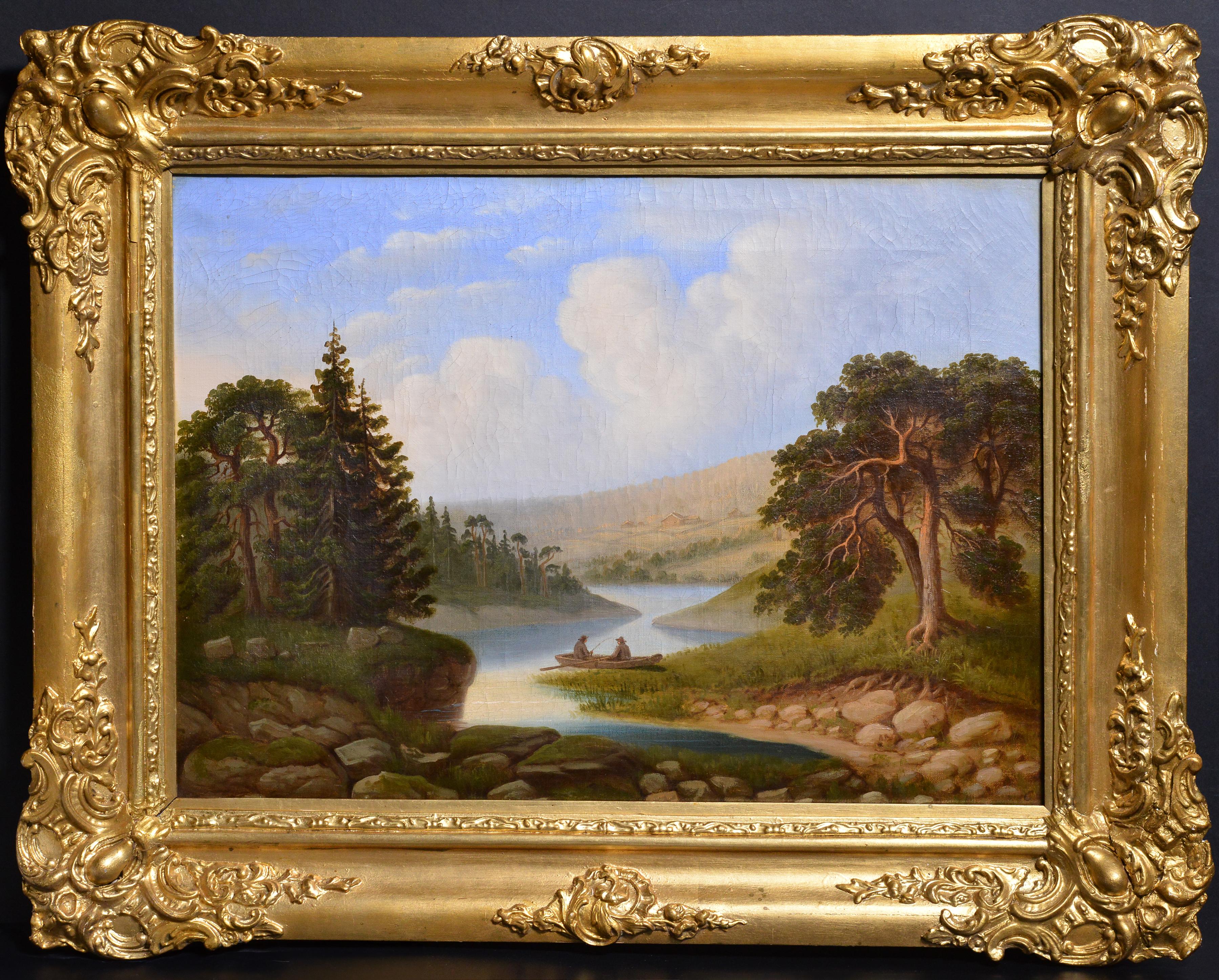 Pêcheurs sur la rivière Paysage scandinave idyllique Peinture à l'huile du 19e siècle