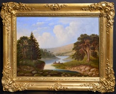 Fishermen on River Idyllic Scandinavian Landscape 19th century Oil Painting