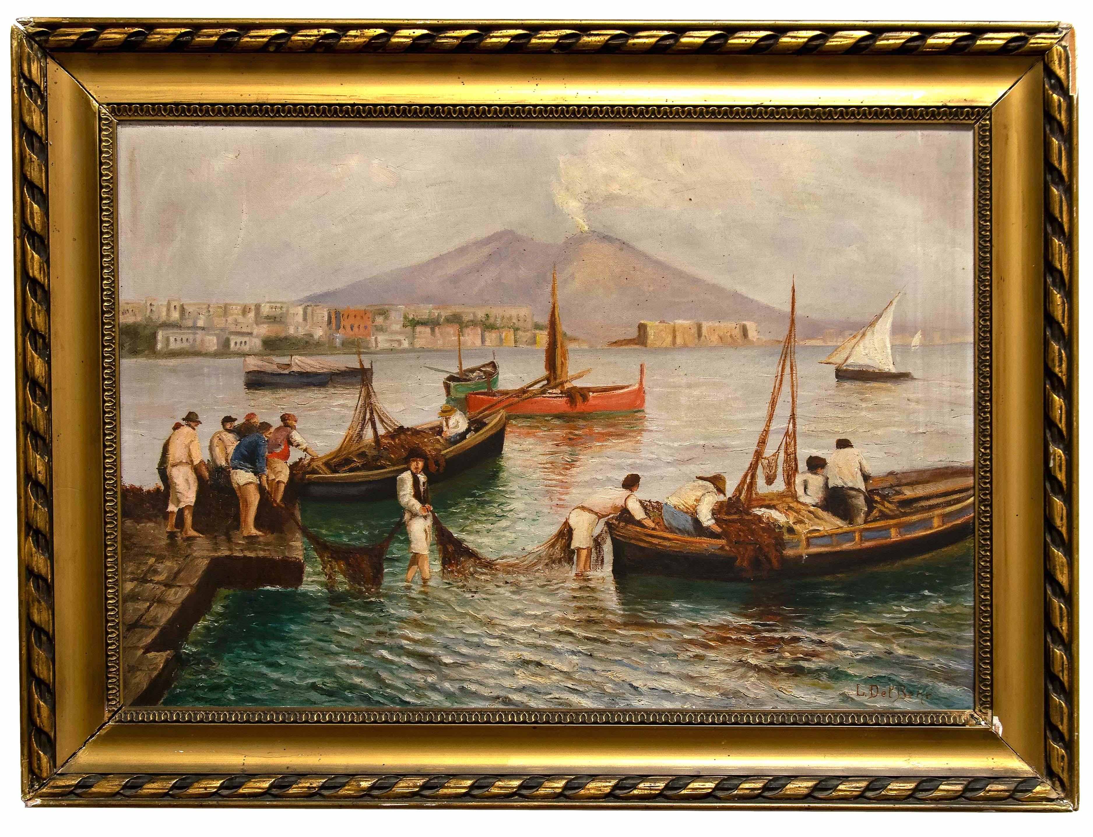 Fishermen on the Seashore - Oil on Canvas by Neapolitan Master Early 1900