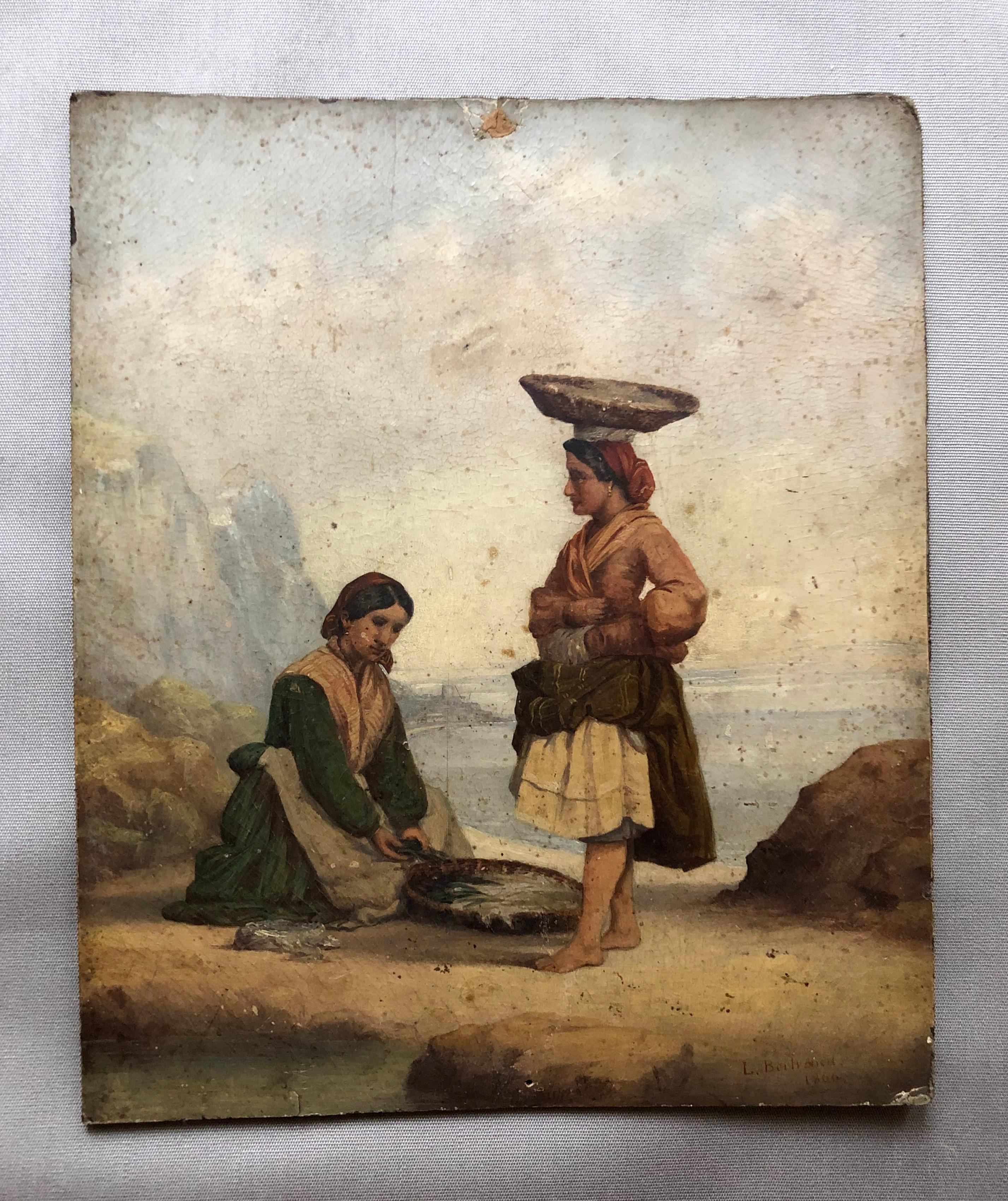 Fisherwomen On Foot, Oil On Cardboard Signed L. Bertrand 1866 - Painting by Unknown