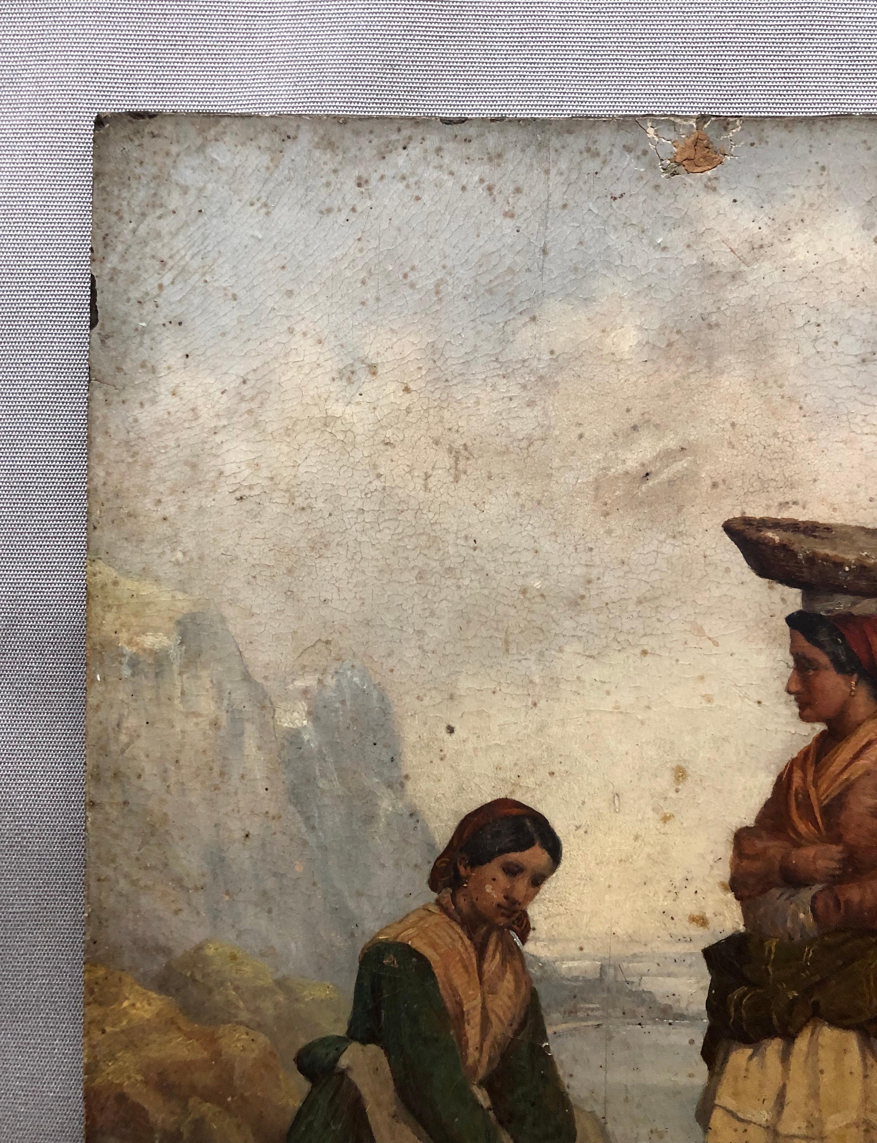 Fisherwomen on foot.
Oil on hard cardboard signed L. Bertrand, dated 1866.
An accident at the top center of the cardboard.
A small hole at the bottom center.
Slightly trimmed corners.
Small cracks, small paint gaps, small dirt.
33 x 27 cm