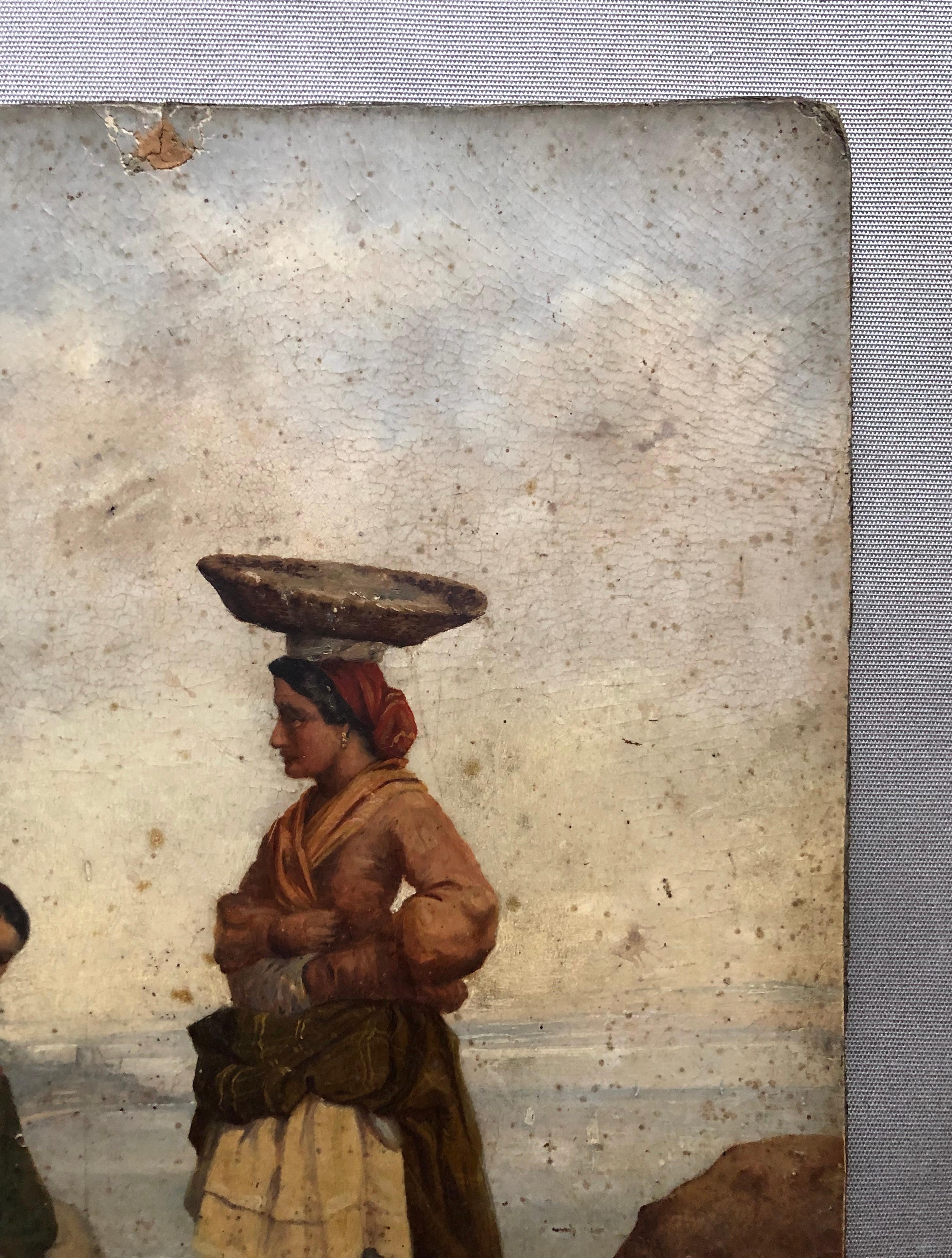 Fisherwomen On Foot, Oil On Cardboard Signed L. Bertrand 1866 For Sale 1