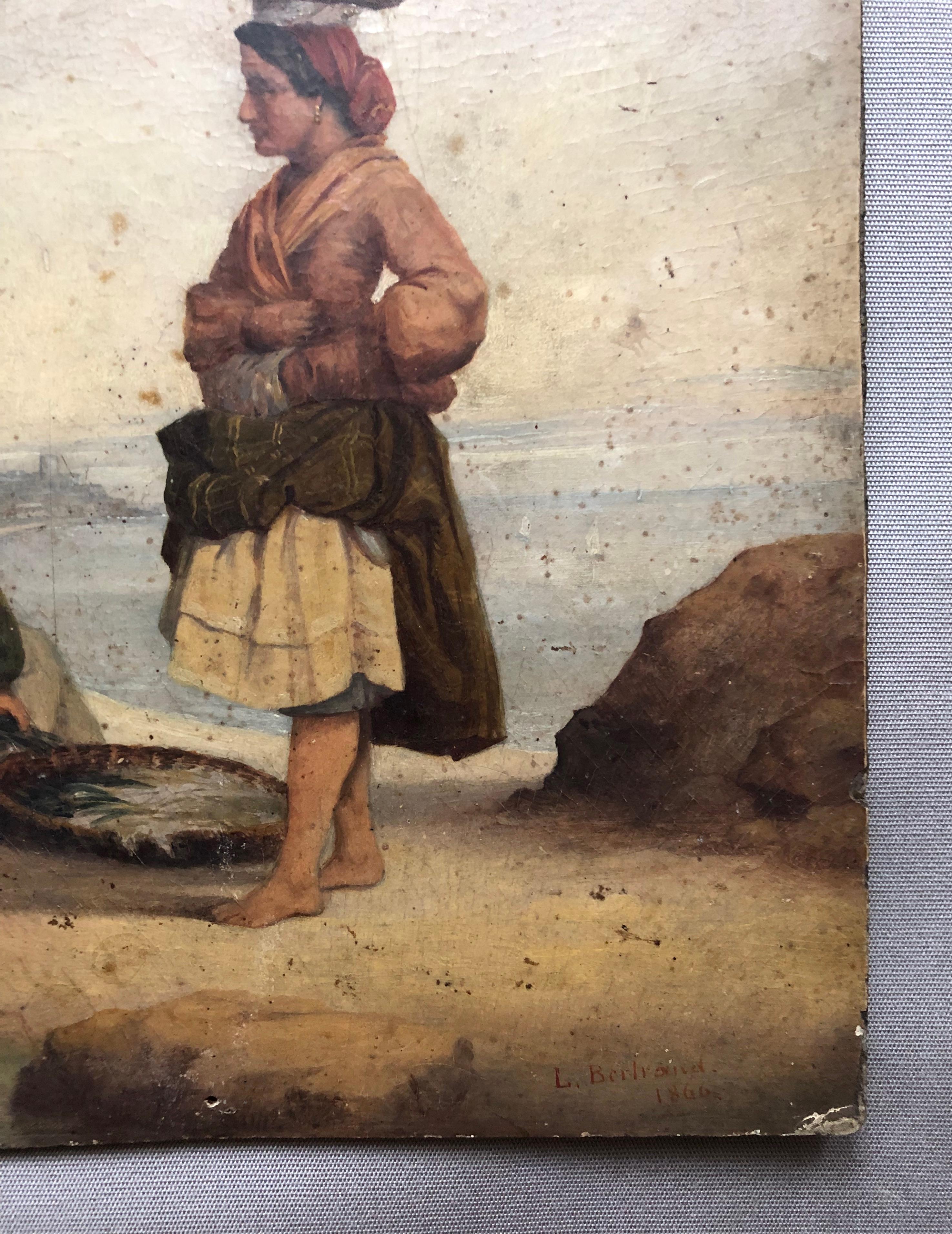 Fisherwomen On Foot, Oil On Cardboard Signed L. Bertrand 1866 For Sale 2