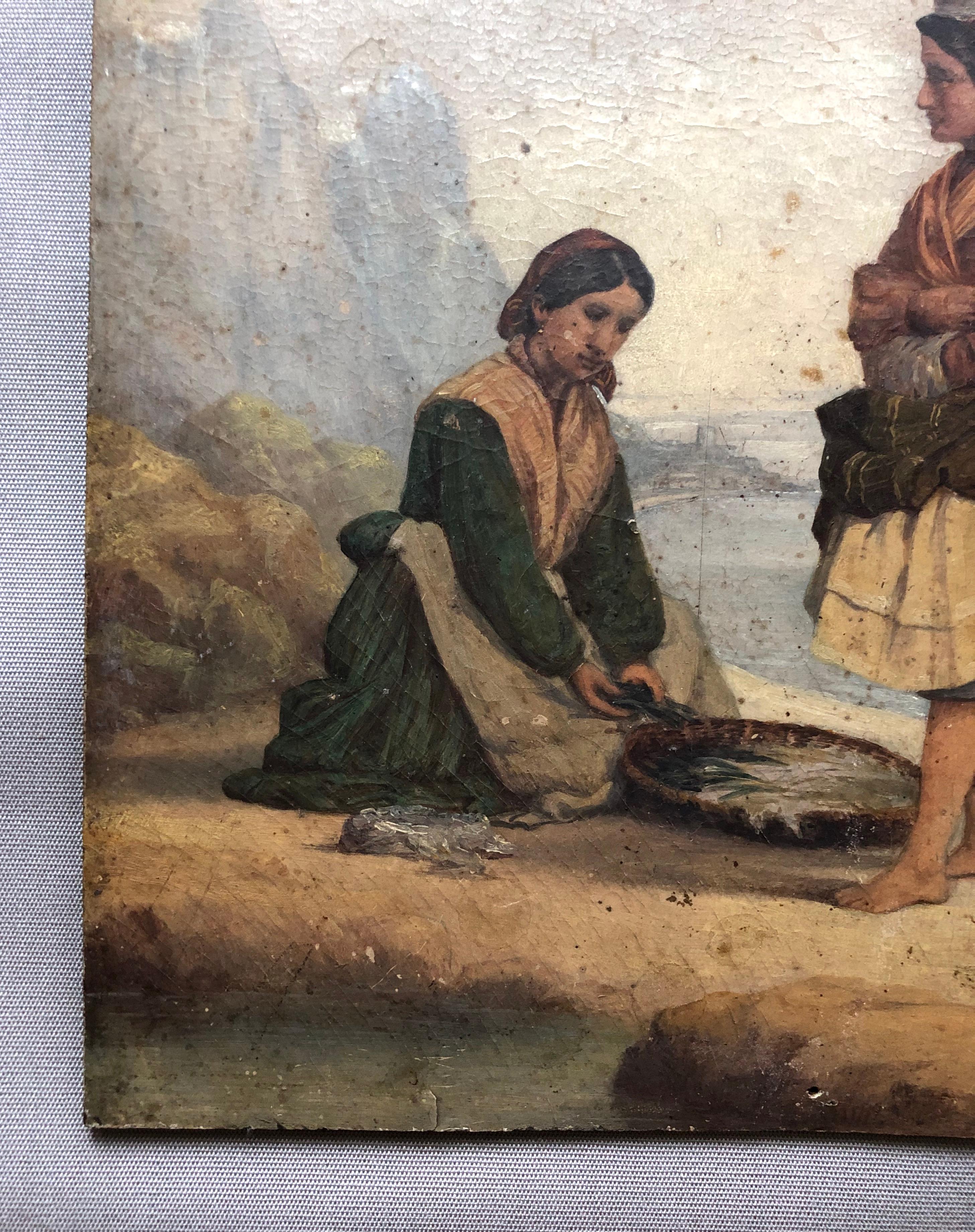Fisherwomen On Foot, Oil On Cardboard Signed L. Bertrand 1866 For Sale 3