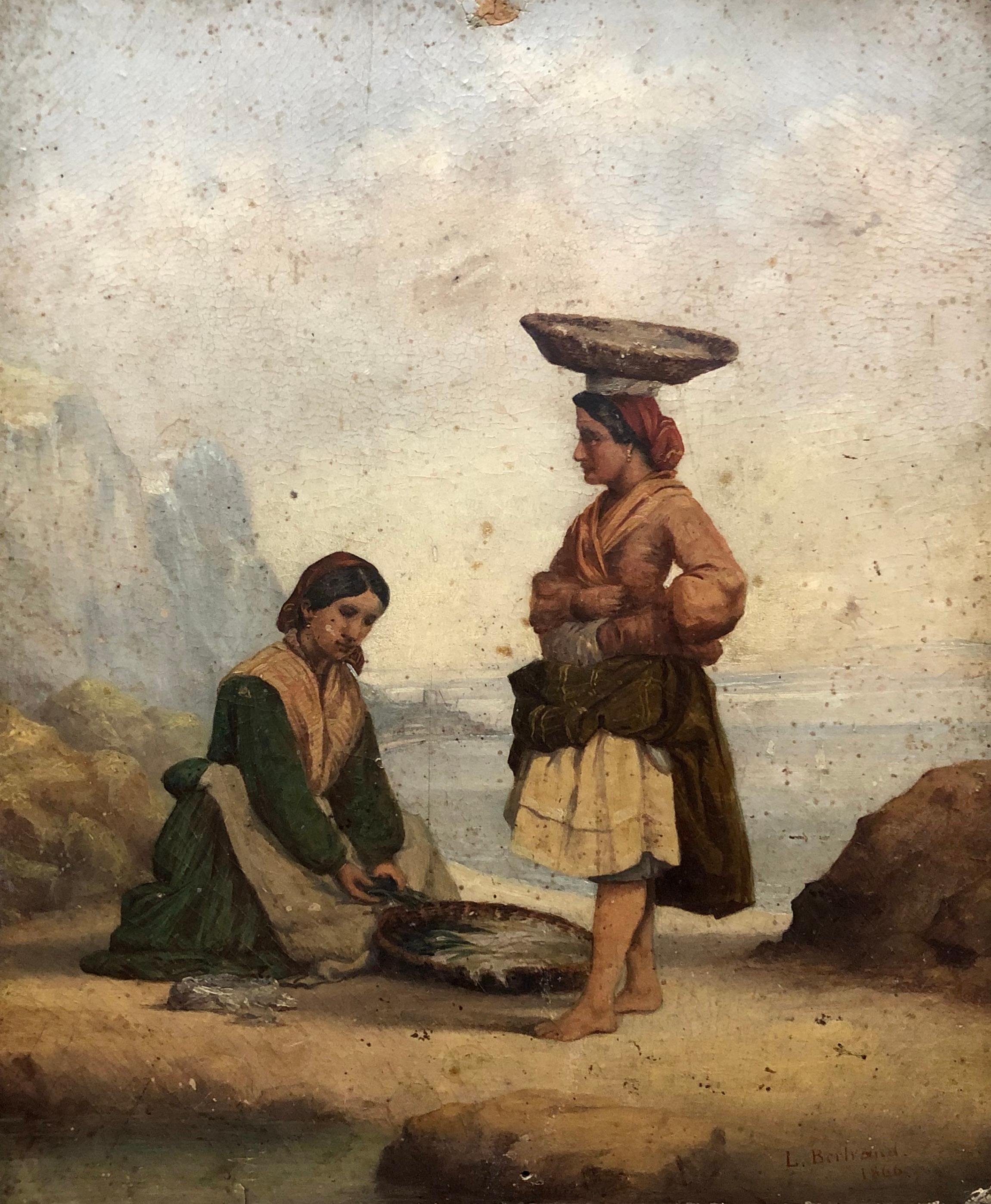 Unknown Figurative Painting - Fisherwomen On Foot, Oil On Cardboard Signed L. Bertrand 1866