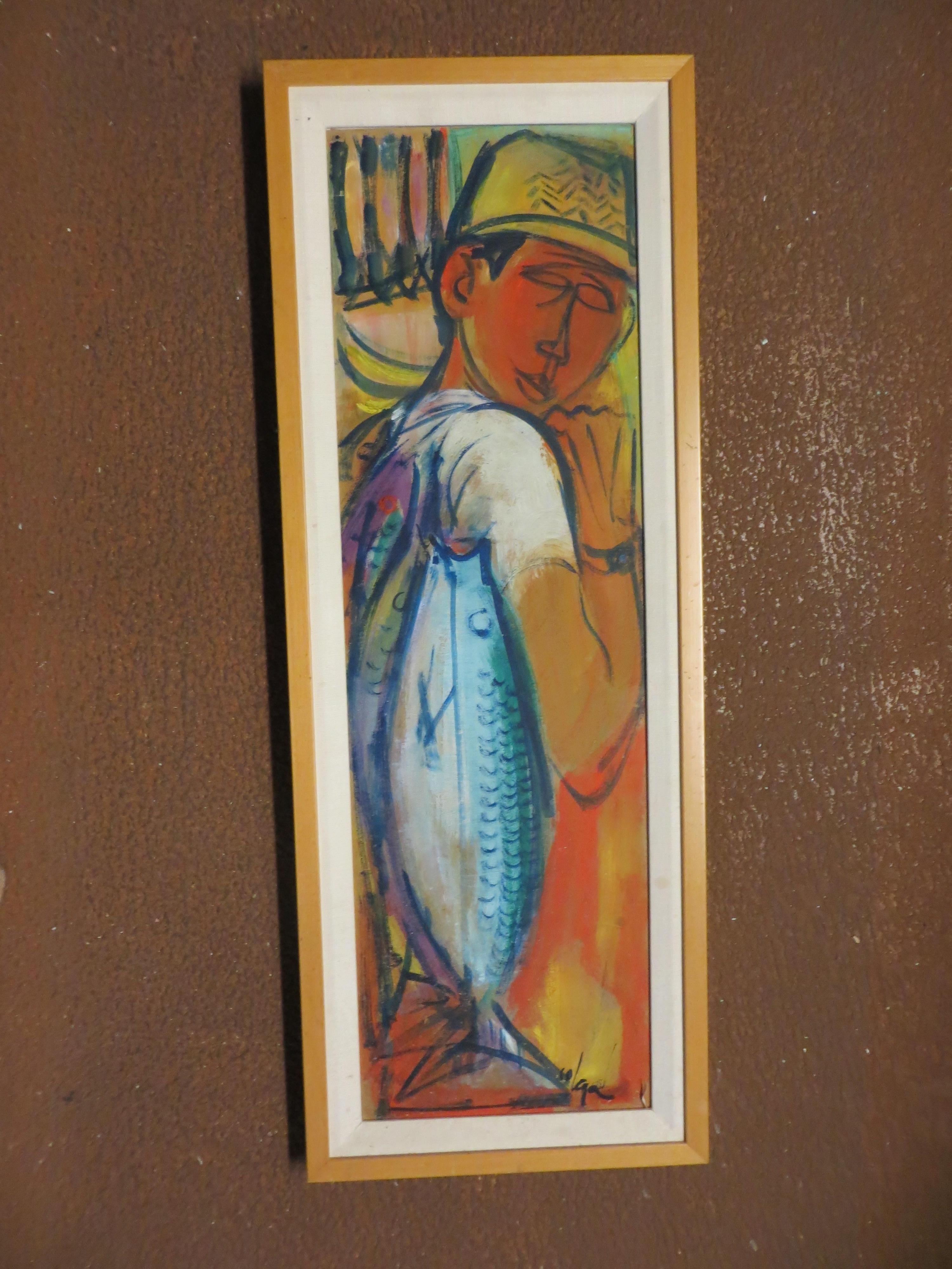 Fishing Boy - Brown Figurative Painting by Unknown
