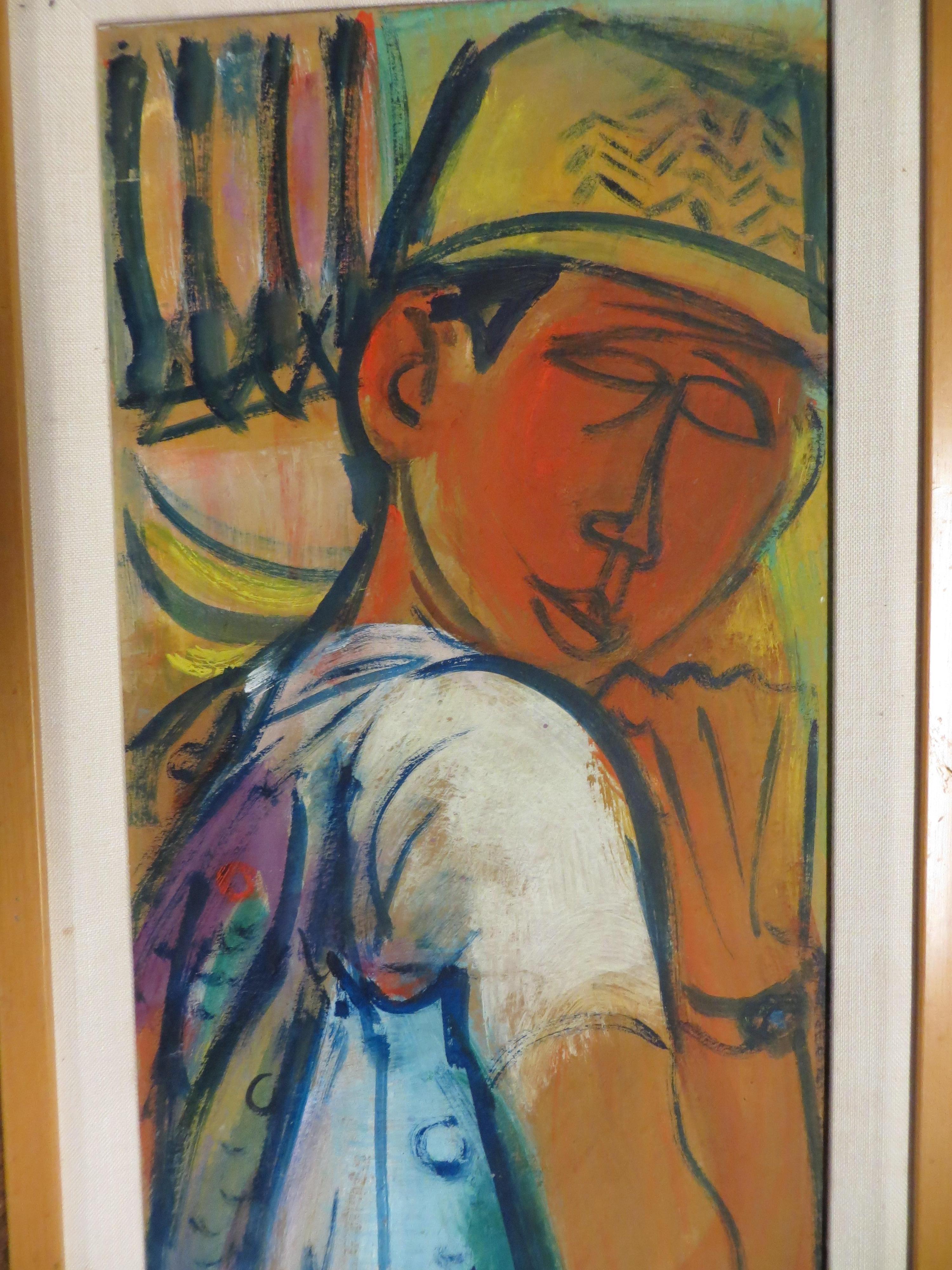 Oil on panel representing a fisherman in the style of cubist painting. Typical painting of mid-century Californian painting .