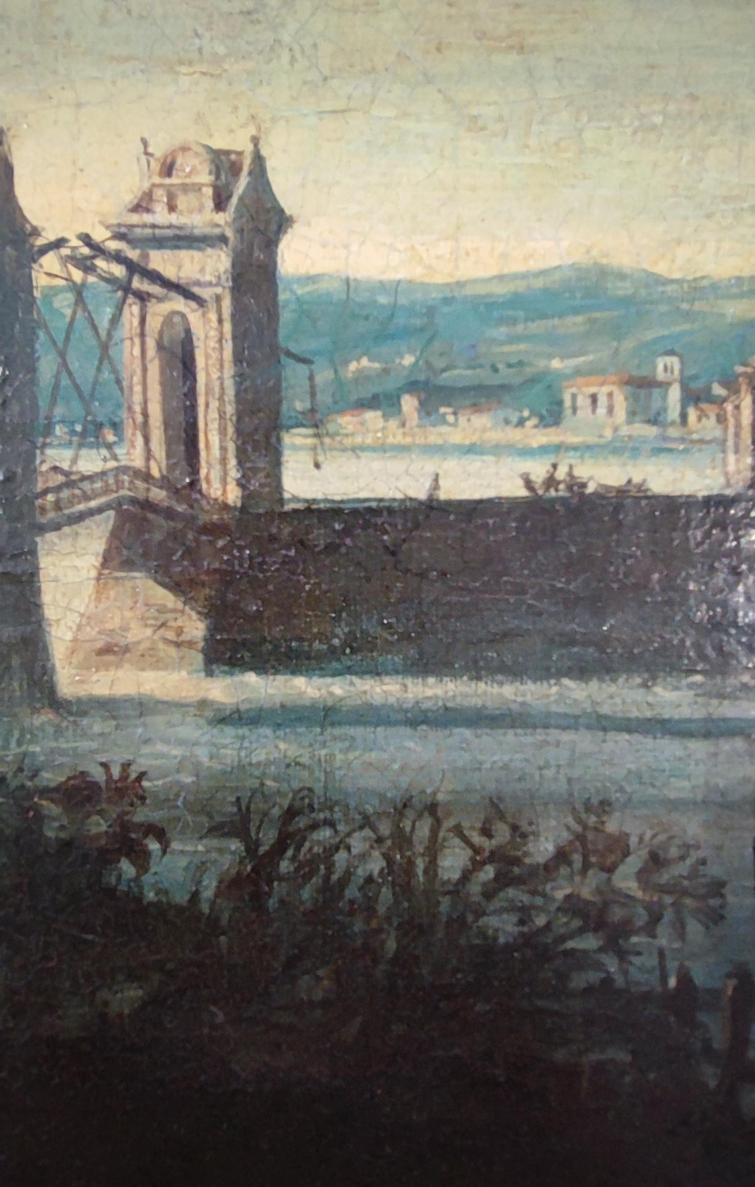Pesca junto al río - Landscape Painting Negro de Unknown