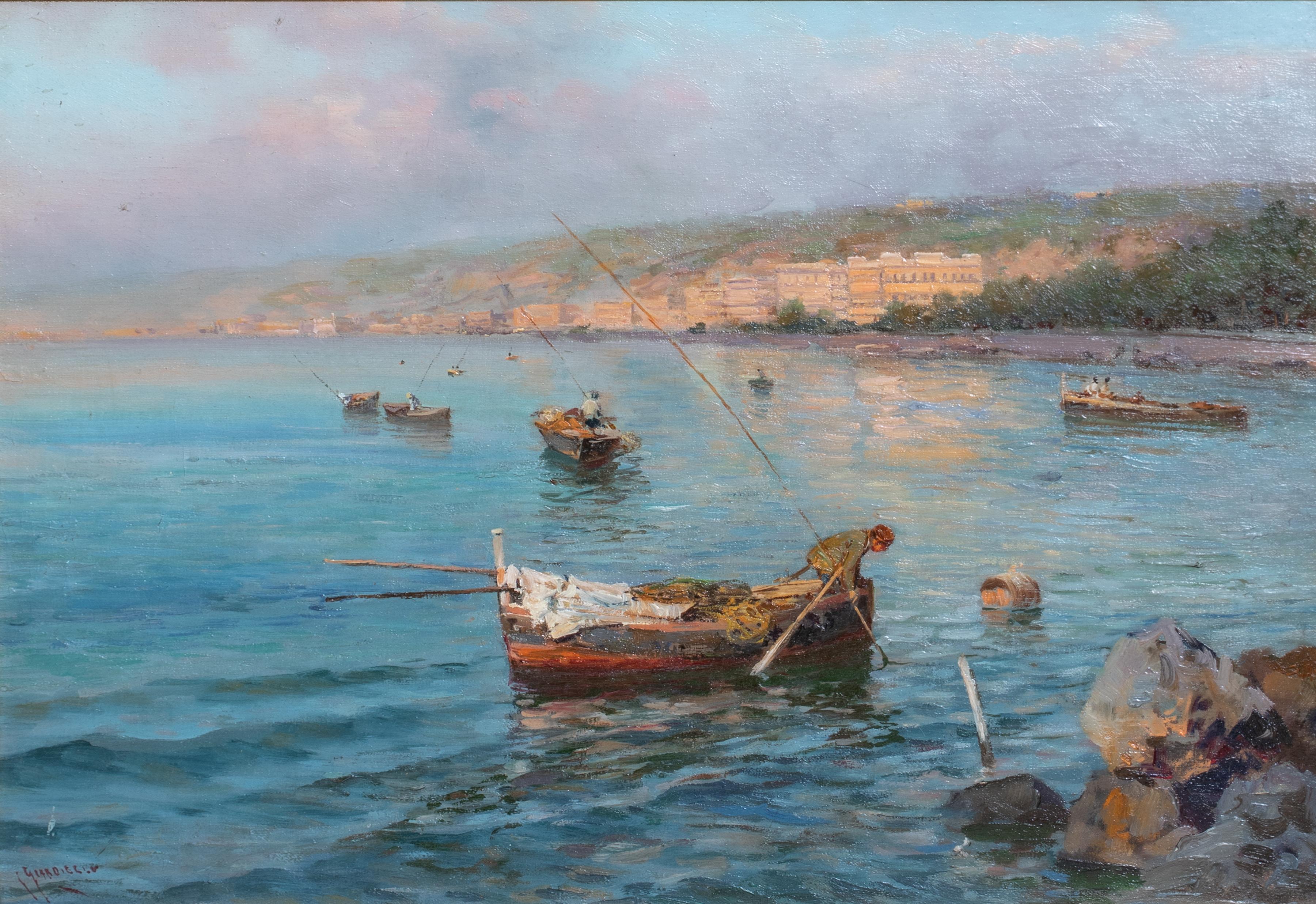 Fishing Off The Bay Of Naples

by GUISEPPE GIARDIELLO (1877-1920) sales to $23,000

Large 19th Century Italian view of figures fishing off the Bay Of Naples, oil on board by Guiseppe Giardiello. Excellent quality and condition example of the famous