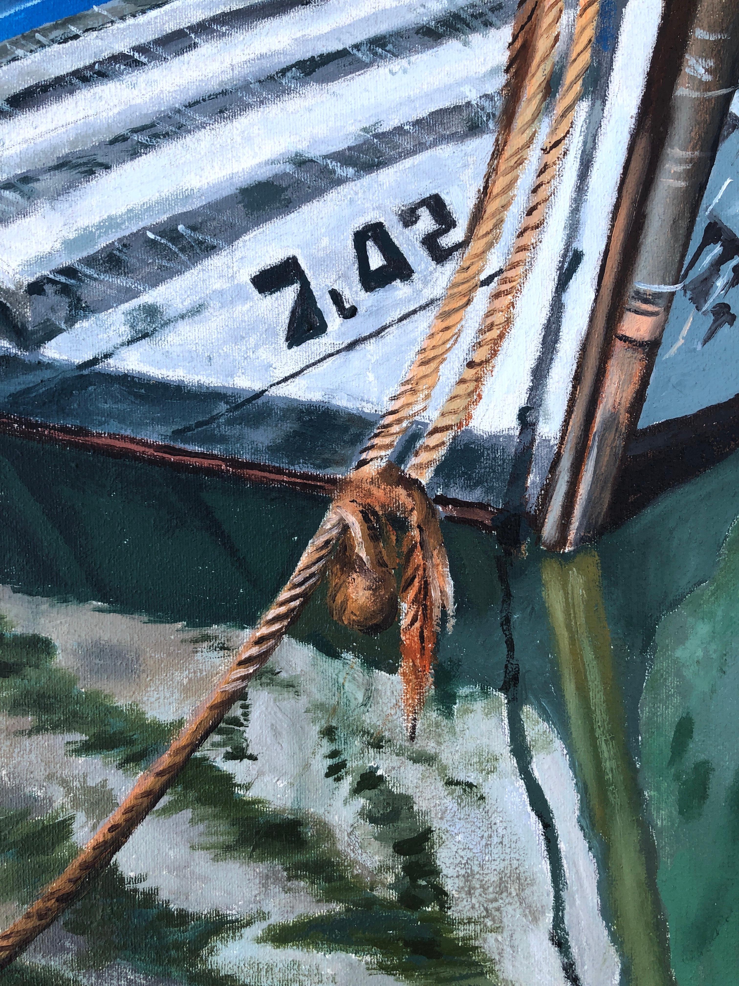 Porto di pesca Essaouira Marocco olio su tela pittura paesaggio marino barca - Painting Fotorealista di Unknown