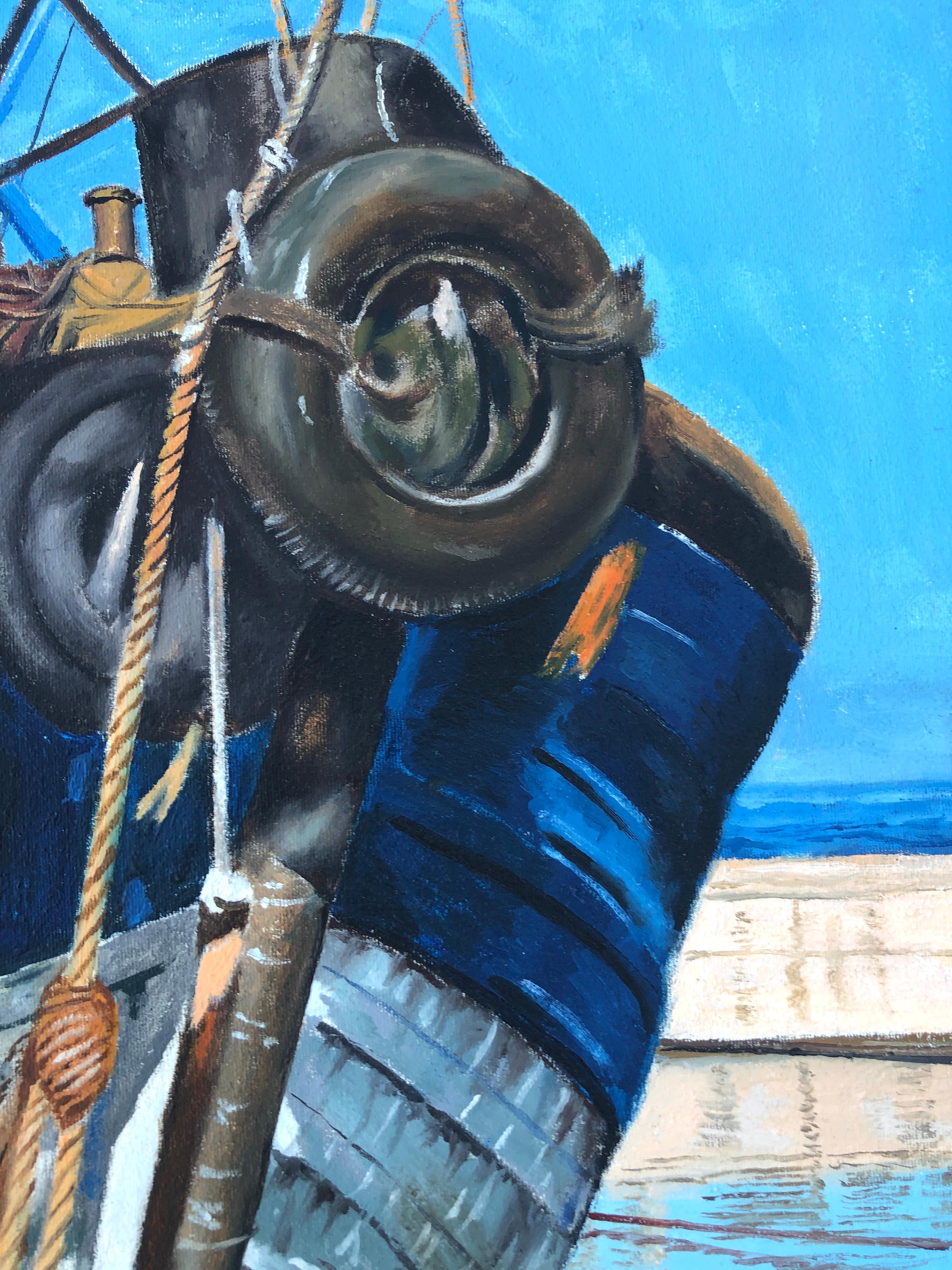 Porto di pesca Essaouira Marocco olio su tela pittura paesaggio marino barca - Landscape Painting Blu di Unknown