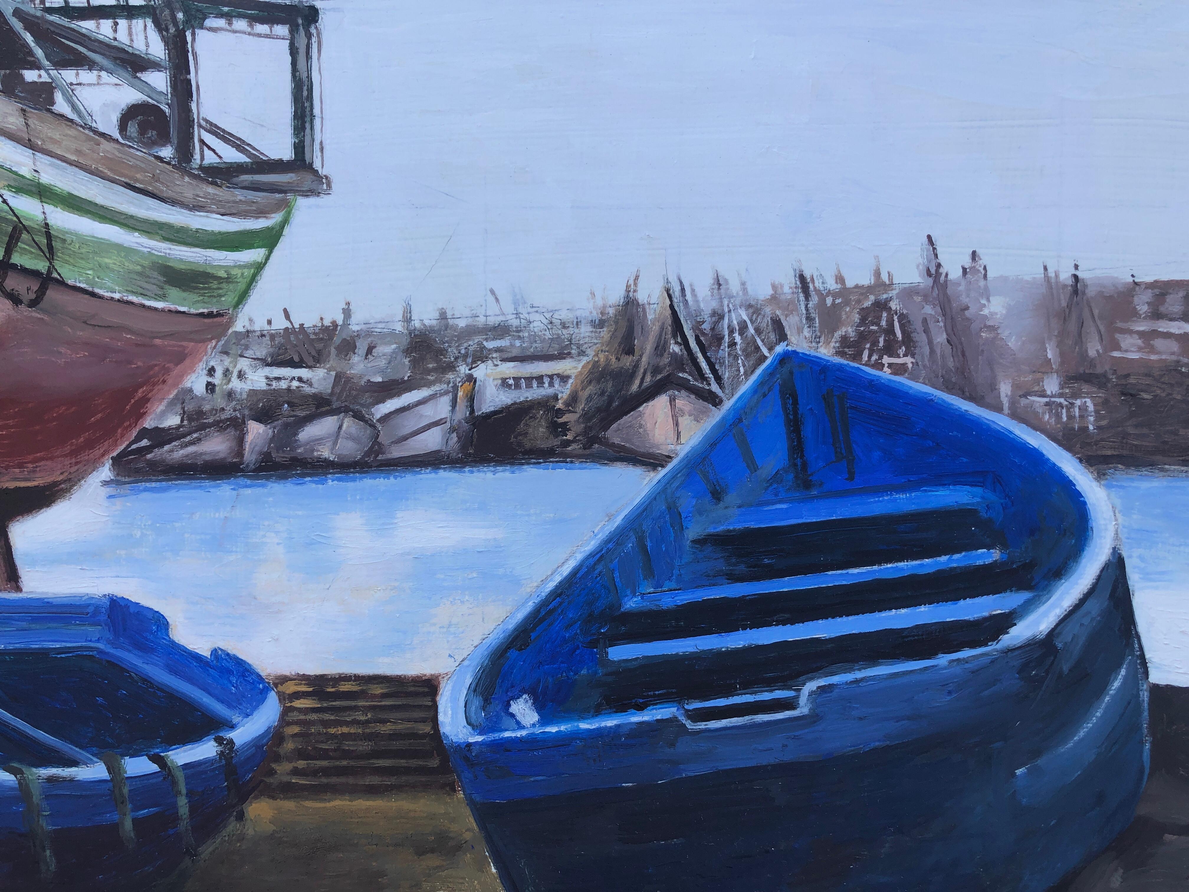 Port de pêche Essaouira Maroc huile sur toile peinture paysage marin bateau - Noir Landscape Painting par Unknown