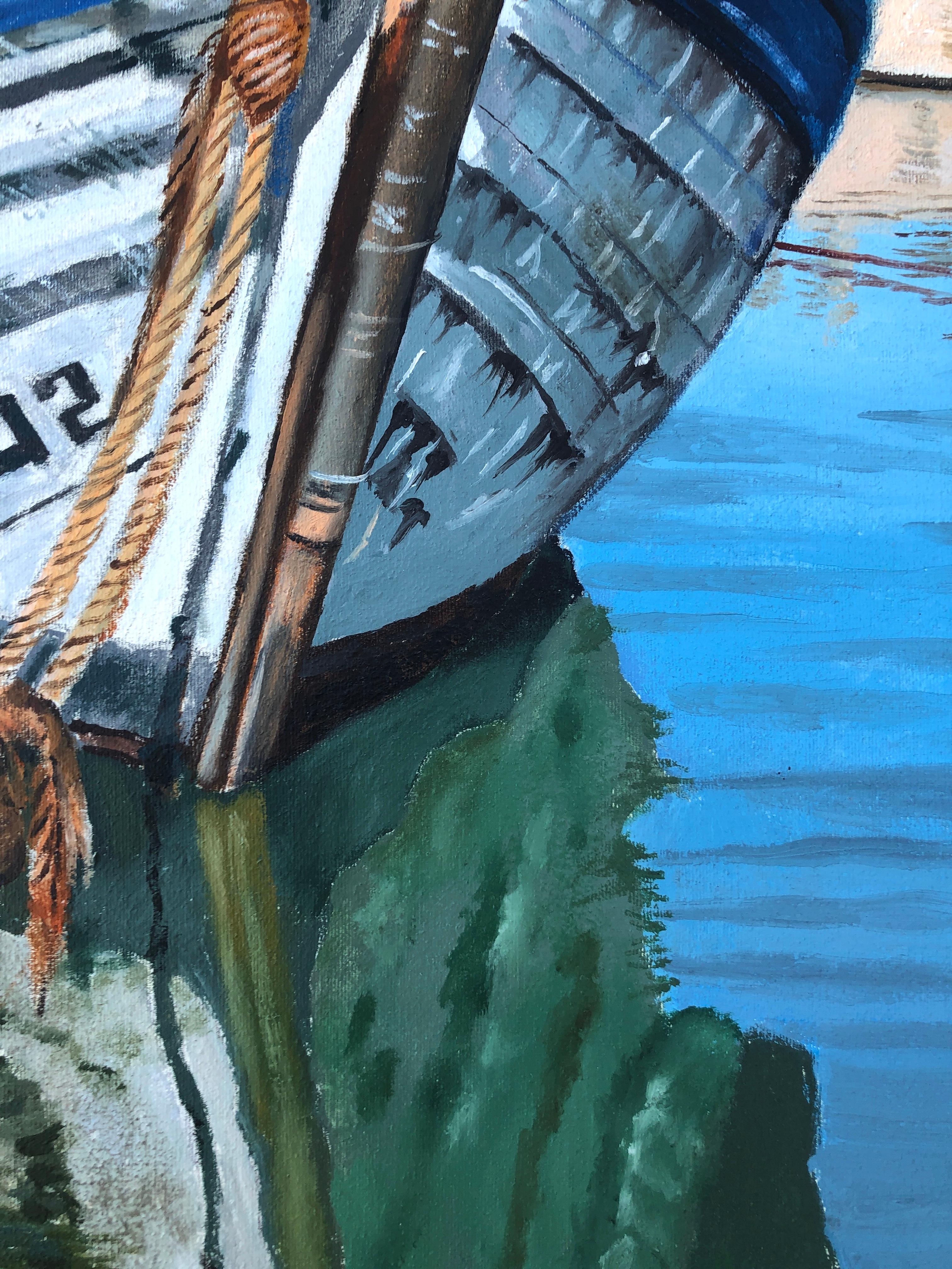 Porto di pesca Essaouira Marocco olio su tela pittura paesaggio marino barca in vendita 1
