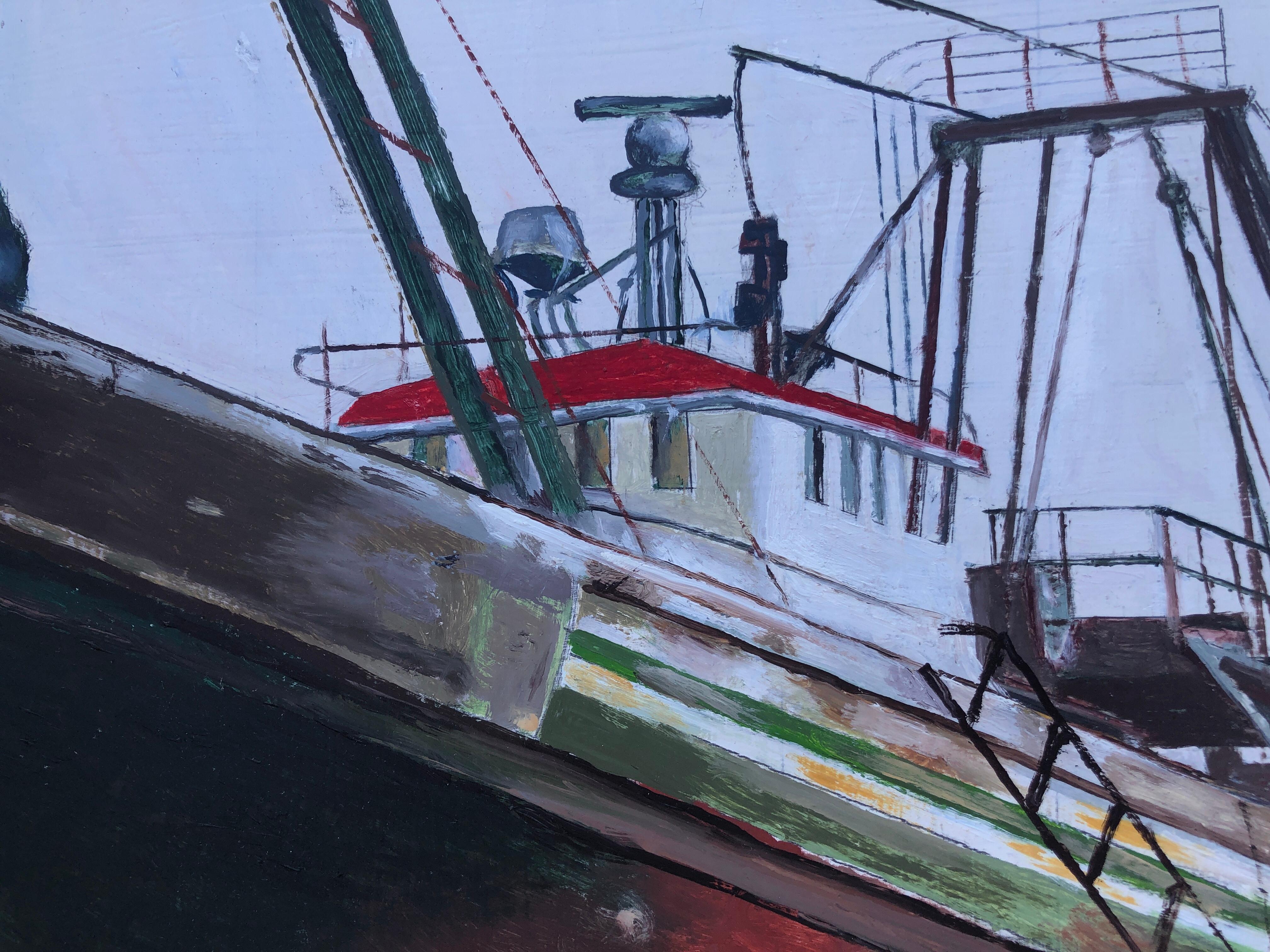 Port de pêche Essaouira Maroc huile sur toile peinture paysage marin bateau en vente 1