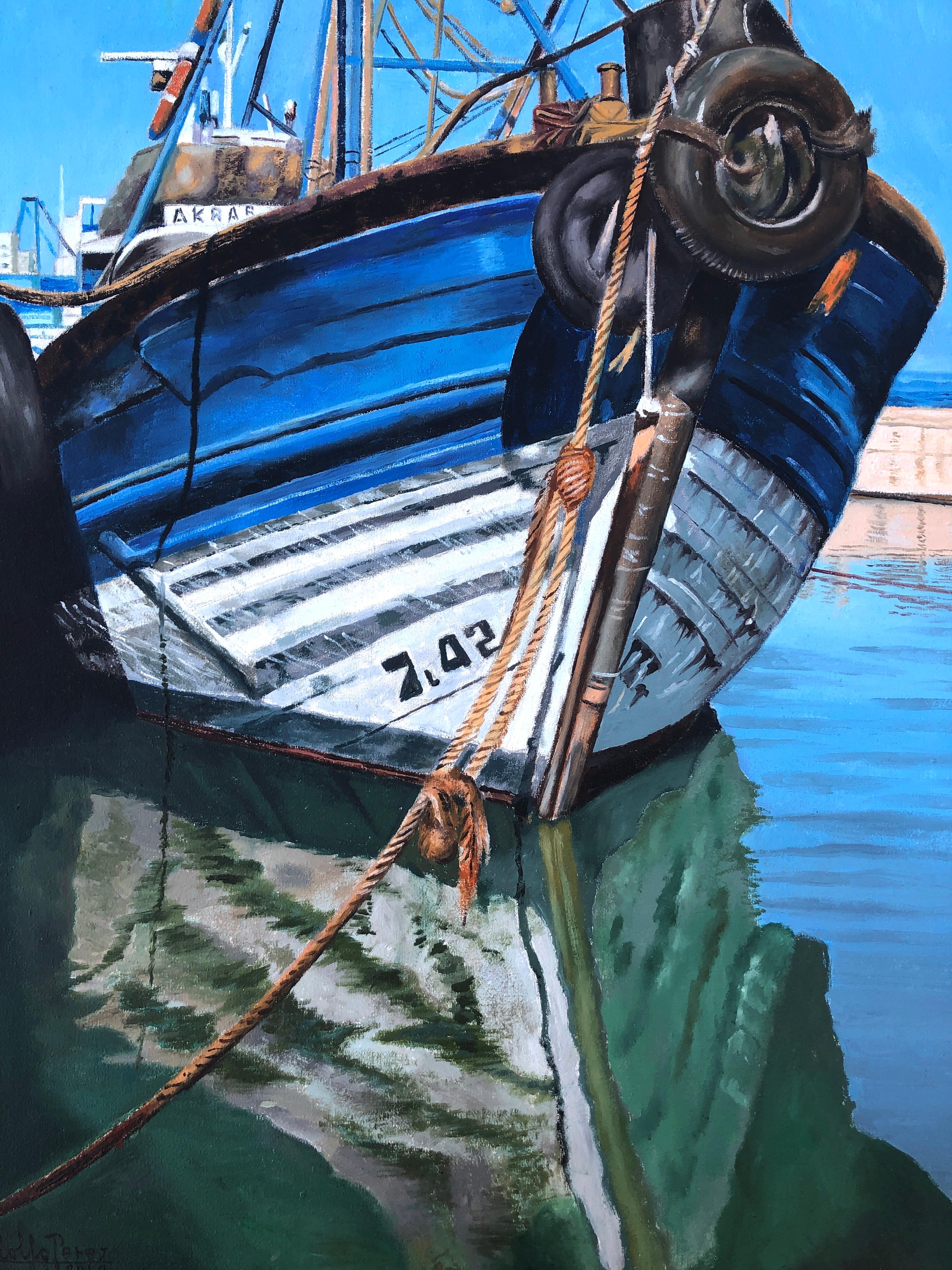 Porto di pesca Essaouira Marocco olio su tela pittura paesaggio marino barca in vendita 2