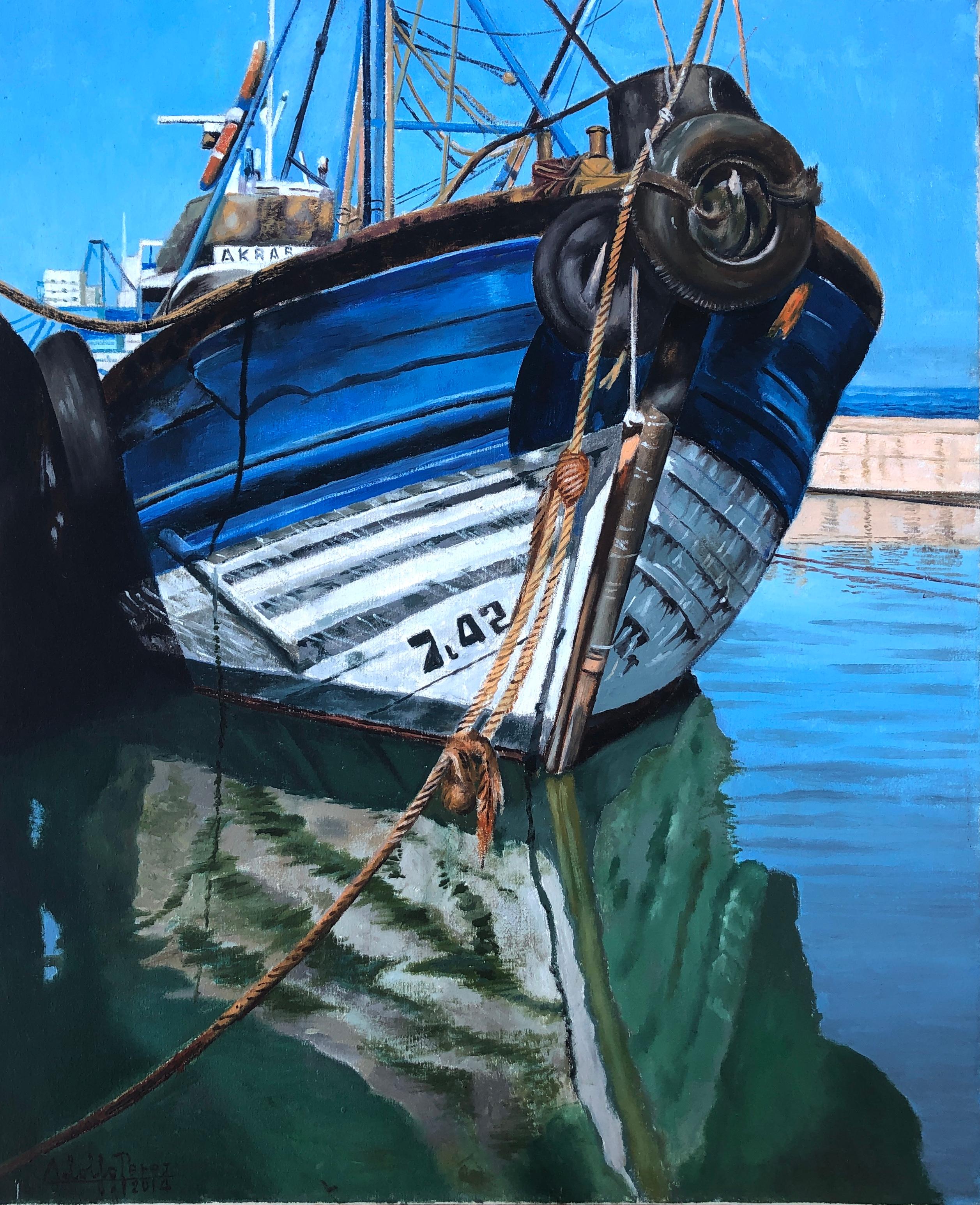 Landscape Painting di Unknown - Porto di pesca Essaouira Marocco olio su tela pittura paesaggio marino barca