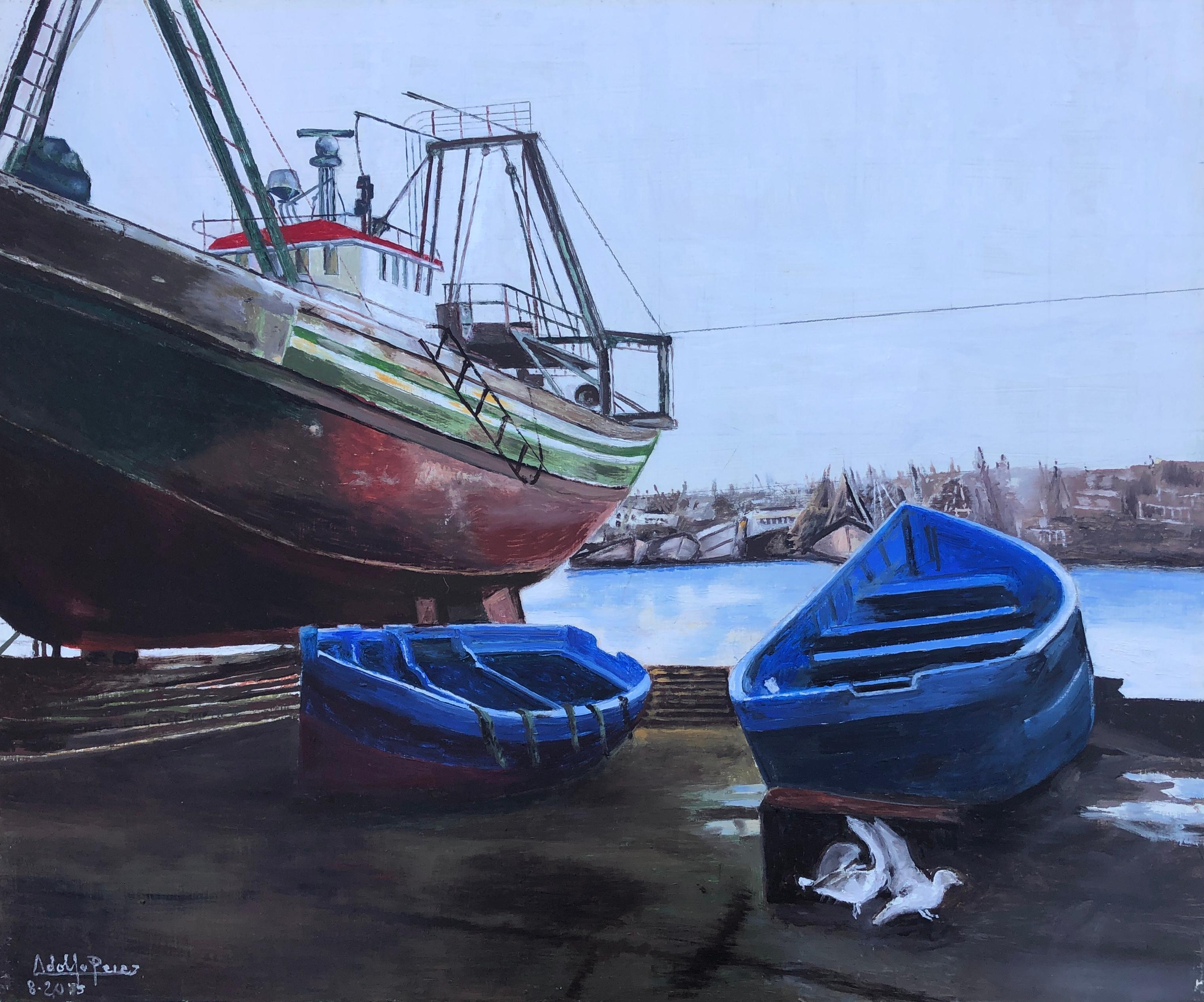 Landscape Painting Unknown - Port de pêche Essaouira Maroc huile sur toile peinture paysage marin bateau