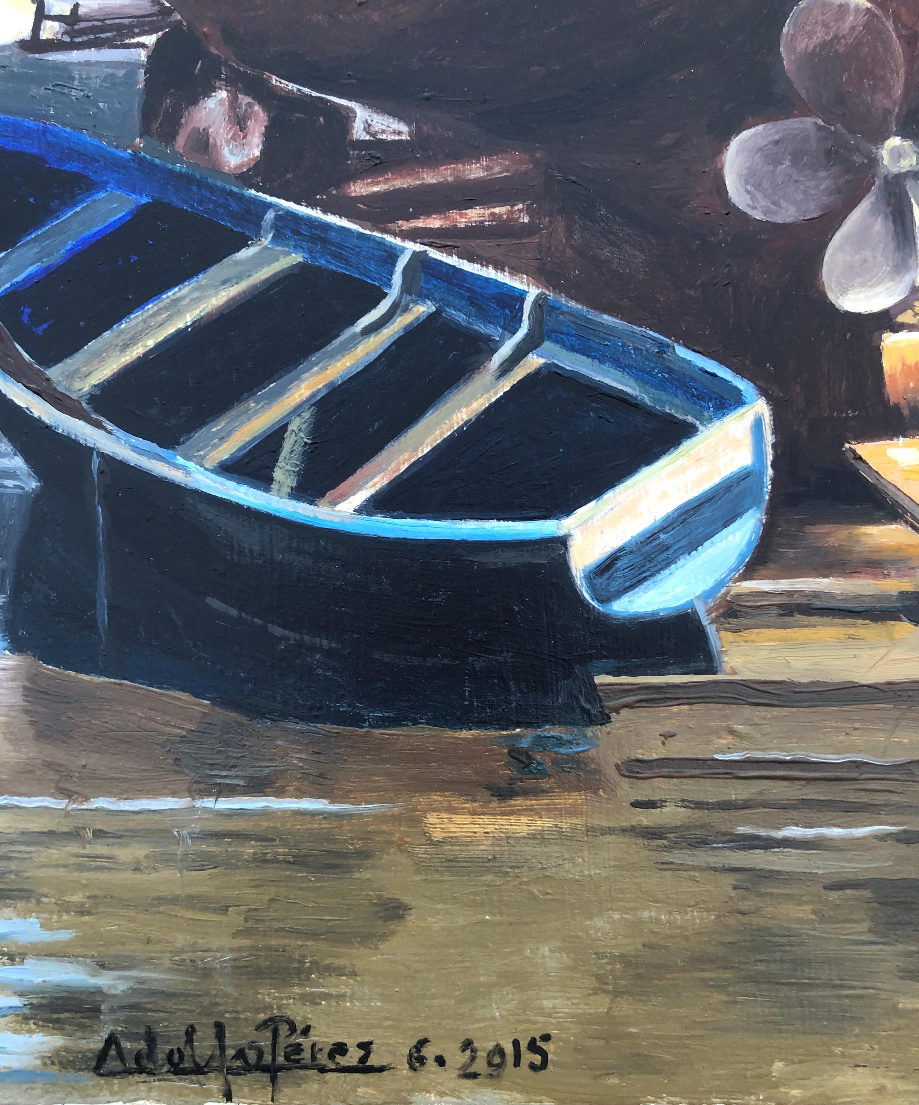 Huile sur toile Essaouira, Maroc, représentant des bateaux de pêche - Painting de Unknown