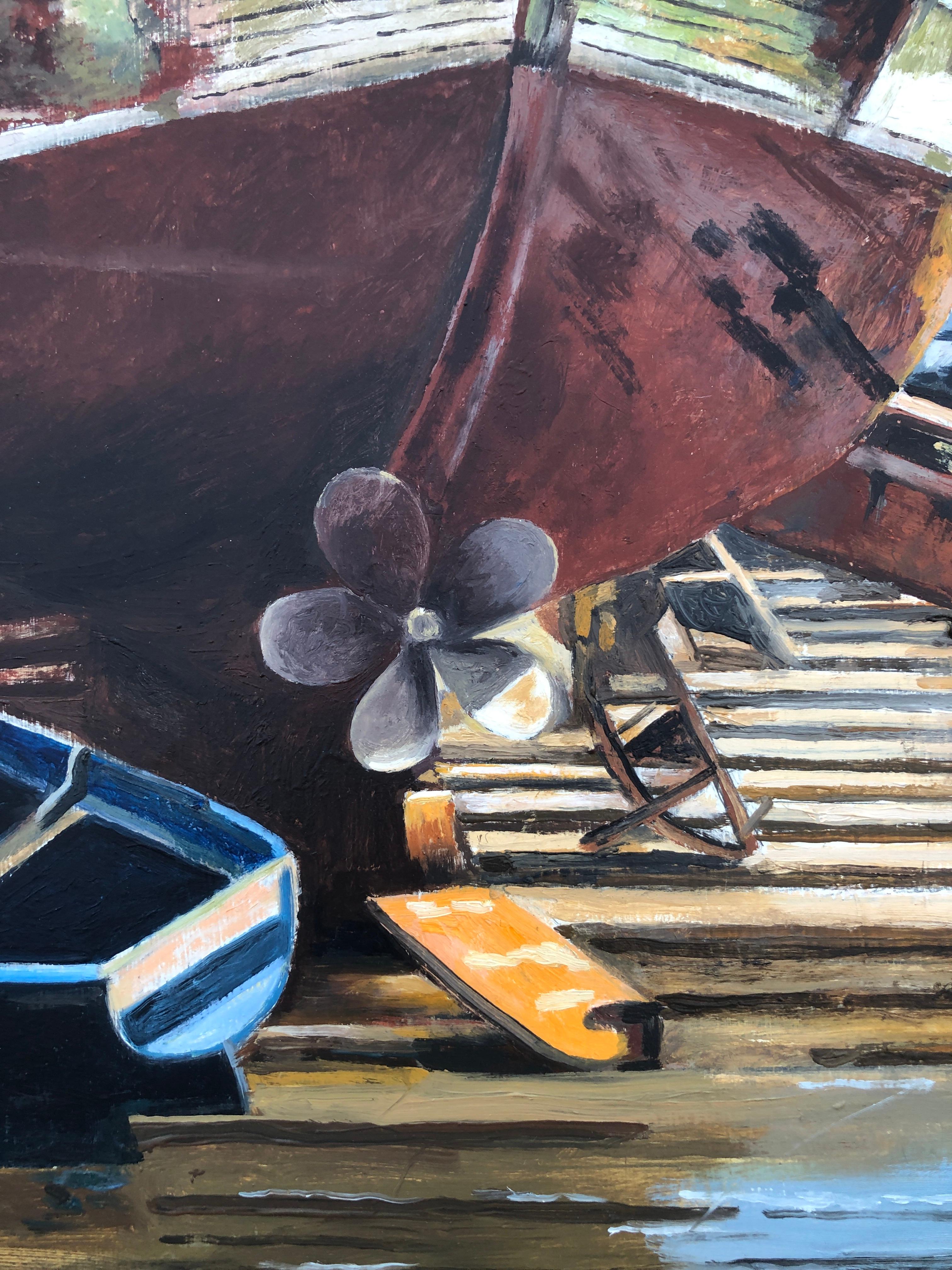 Huile sur toile Essaouira, Maroc, représentant des bateaux de pêche - Photoréalisme Painting par Unknown