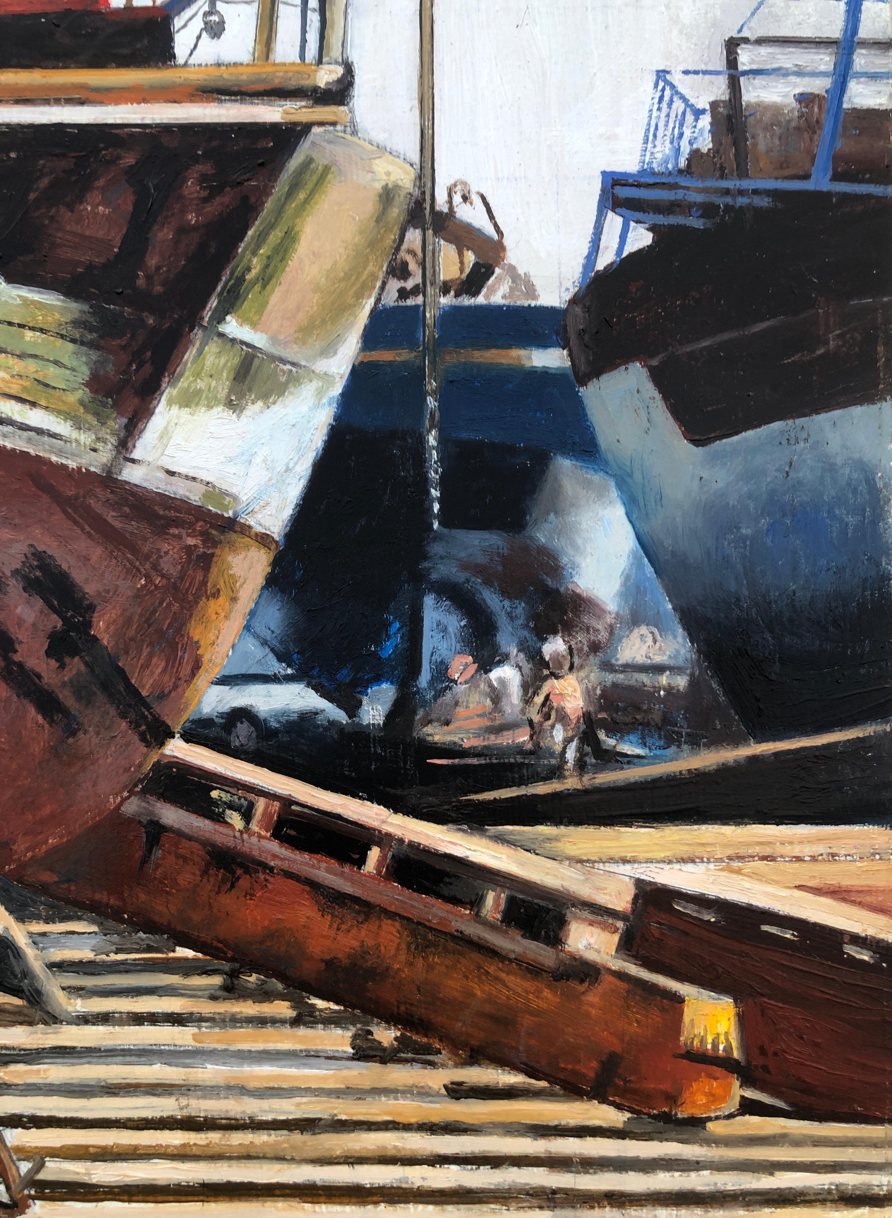 Huile sur toile Essaouira, Maroc, représentant des bateaux de pêche - Noir Landscape Painting par Unknown