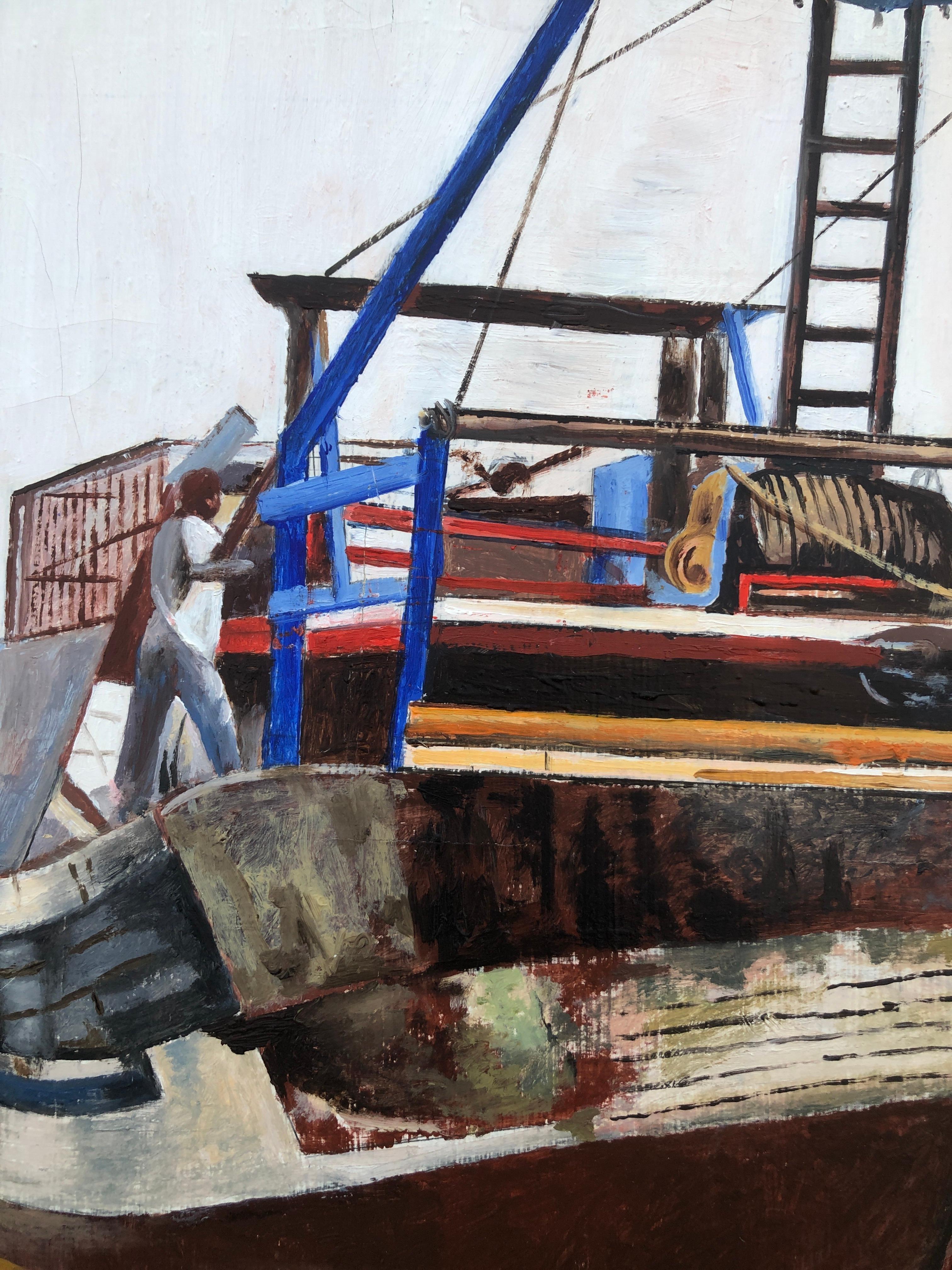 Huile sur toile Essaouira, Maroc, représentant des bateaux de pêche en vente 1
