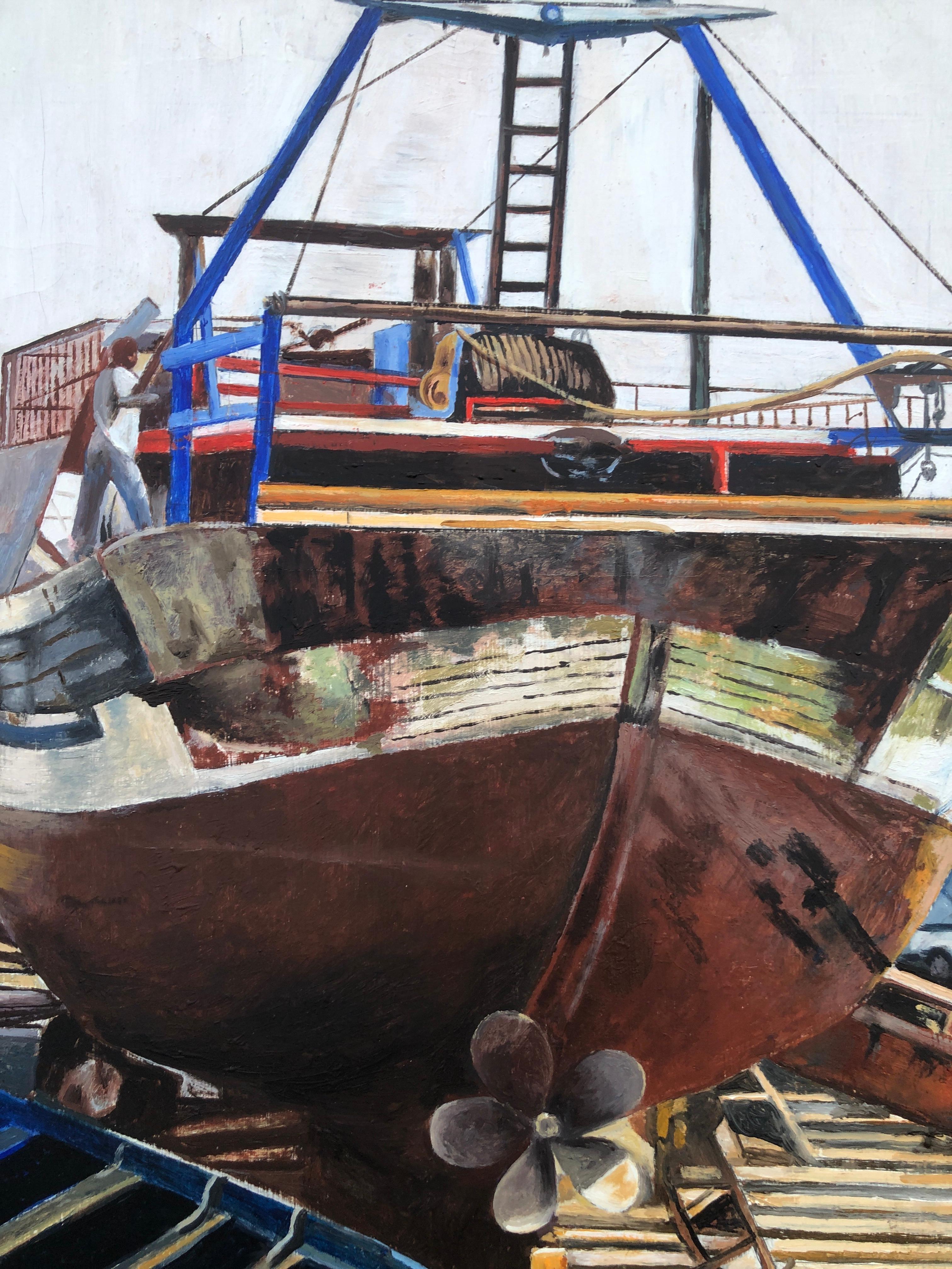 Huile sur toile Essaouira, Maroc, représentant des bateaux de pêche en vente 2