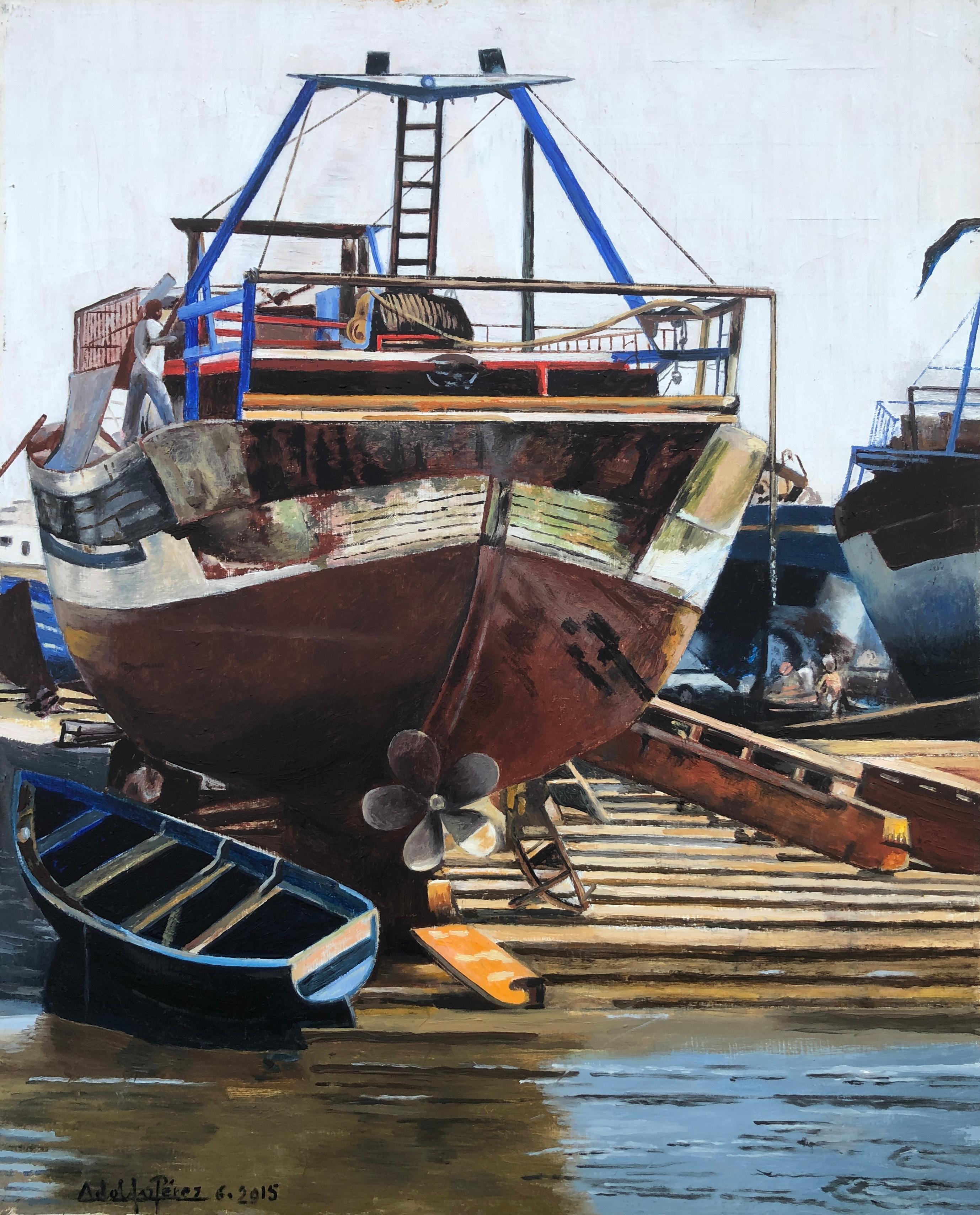 Landscape Painting Unknown - Huile sur toile Essaouira, Maroc, représentant des bateaux de pêche