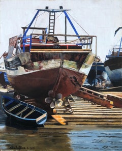 Puerto pesquero Essaouira Marruecos óleo sobre lienzo pintura paisaje marino barcos