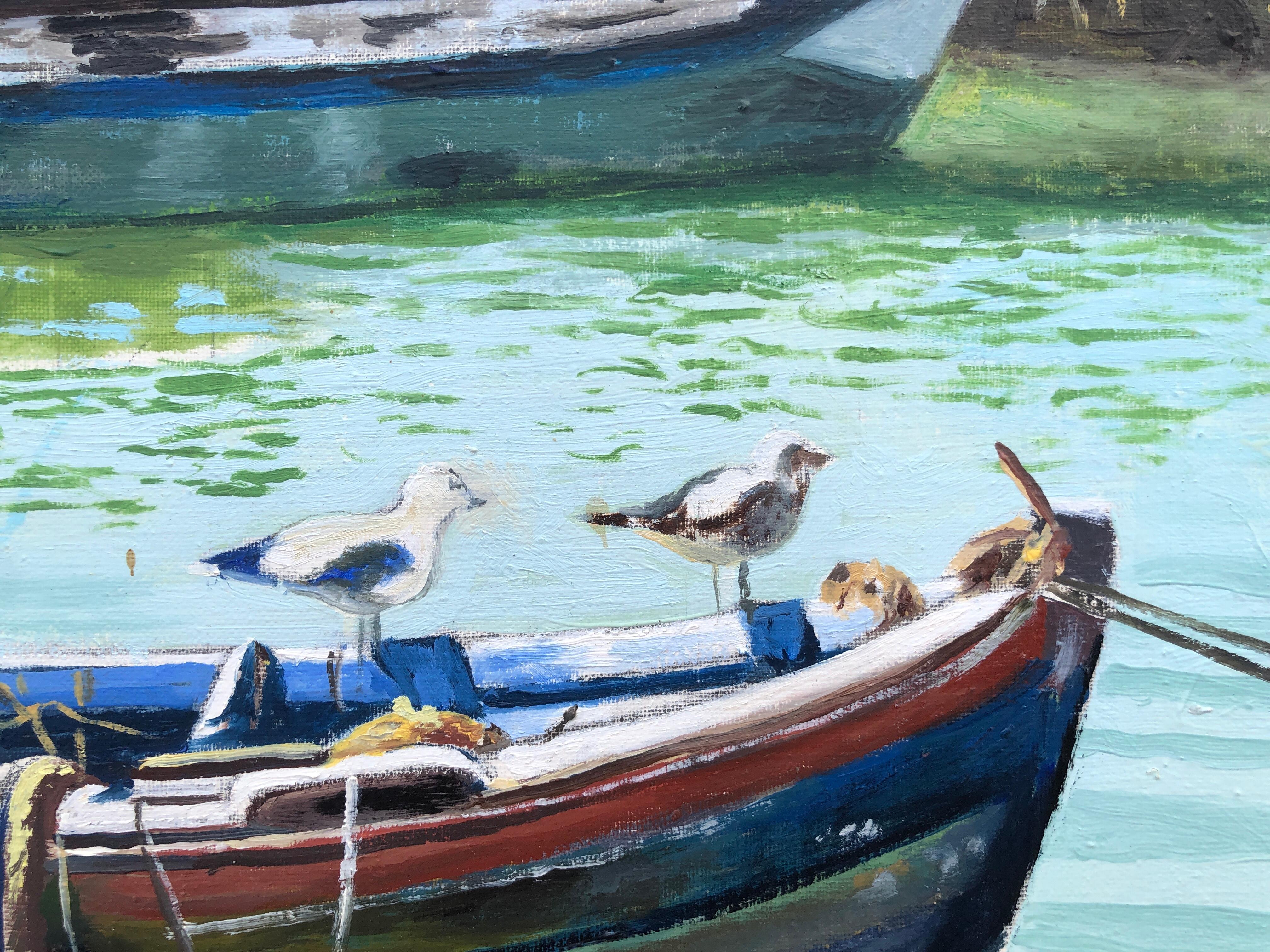 Porto di pesca Essaouira Marocco olio su tela pittura paesaggio marino - Painting Fotorealista di Unknown