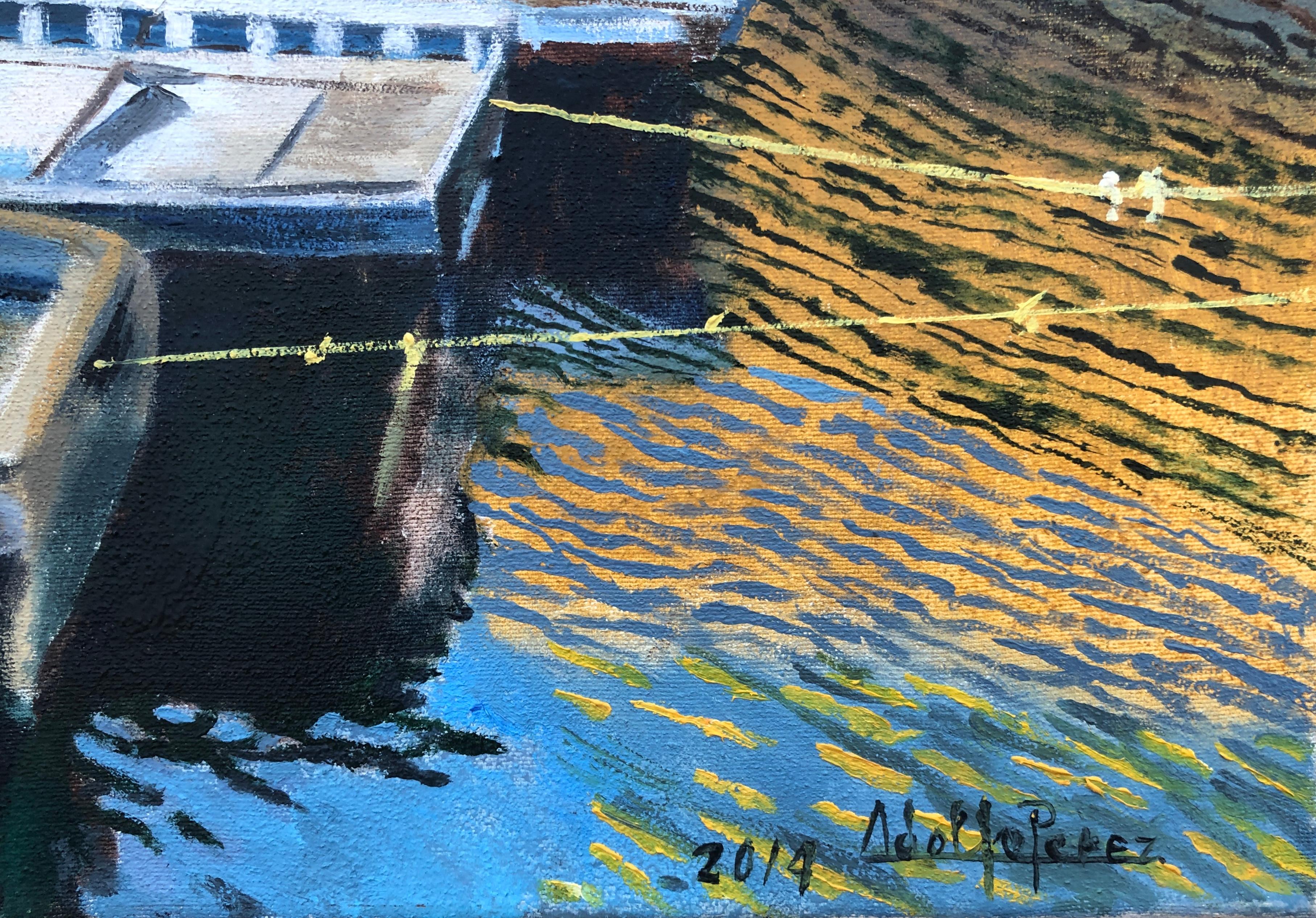 Port de pêche Essaouira Maroc huile sur toile peinture paysage marin quai bateaux - Painting de Unknown